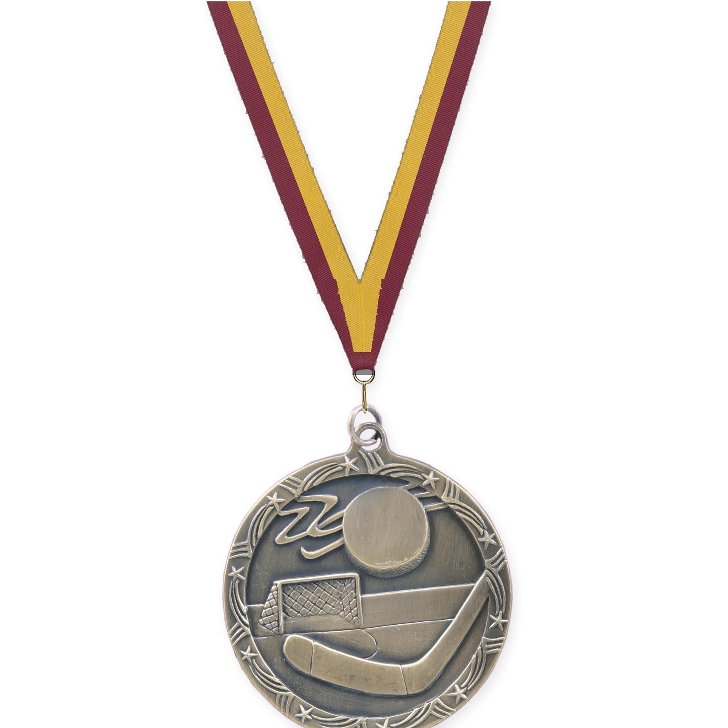 2 1/2 inch hockey Shooting Star medal in antique gold with Maroon Gold neck ribbon