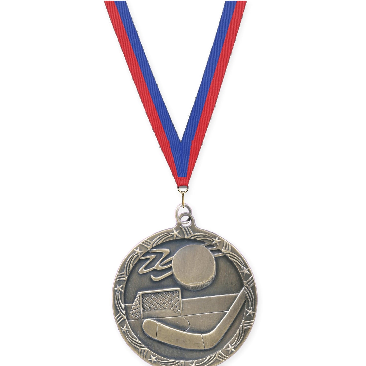 2 1/2 inch hockey Shooting Star medal in antique gold with Blue Red neck ribbon