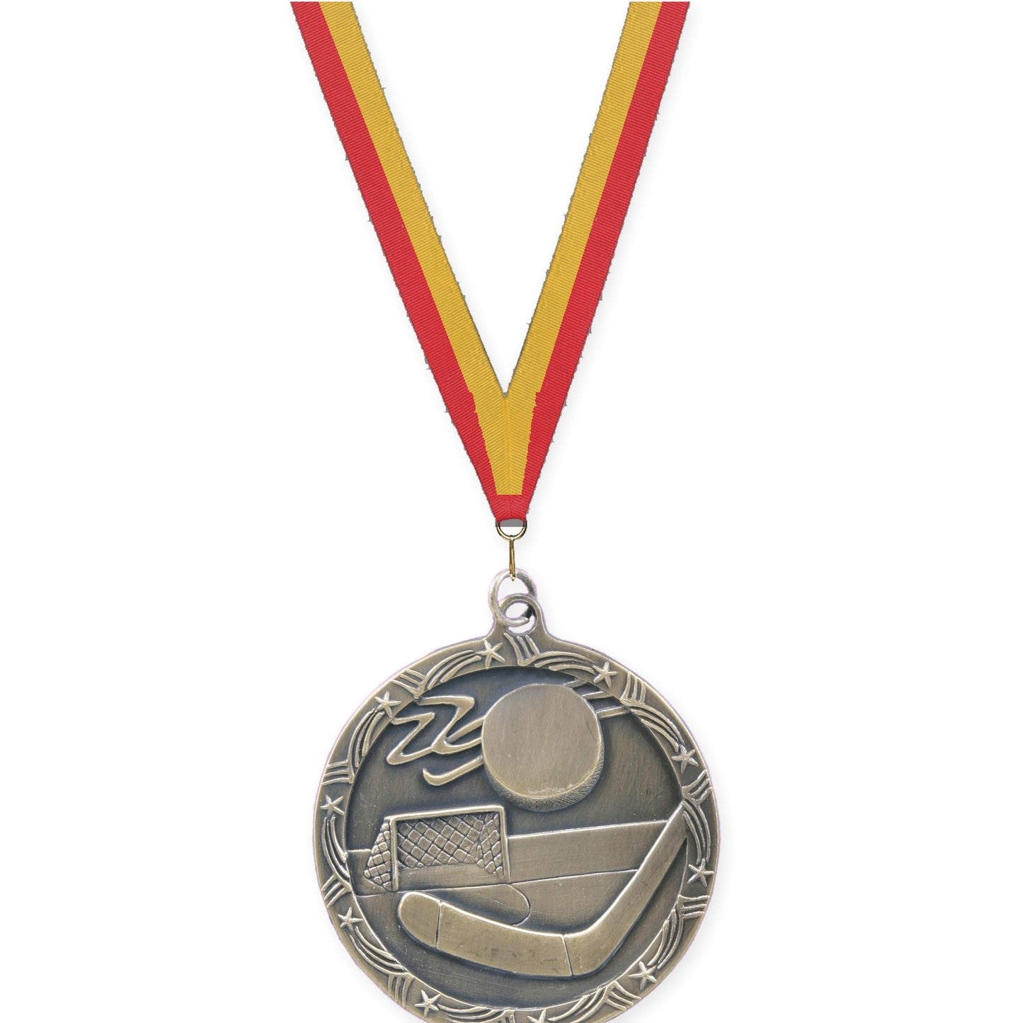 2 1/2 inch hockey Shooting Star medal in antique gold with Red Gold neck ribbon