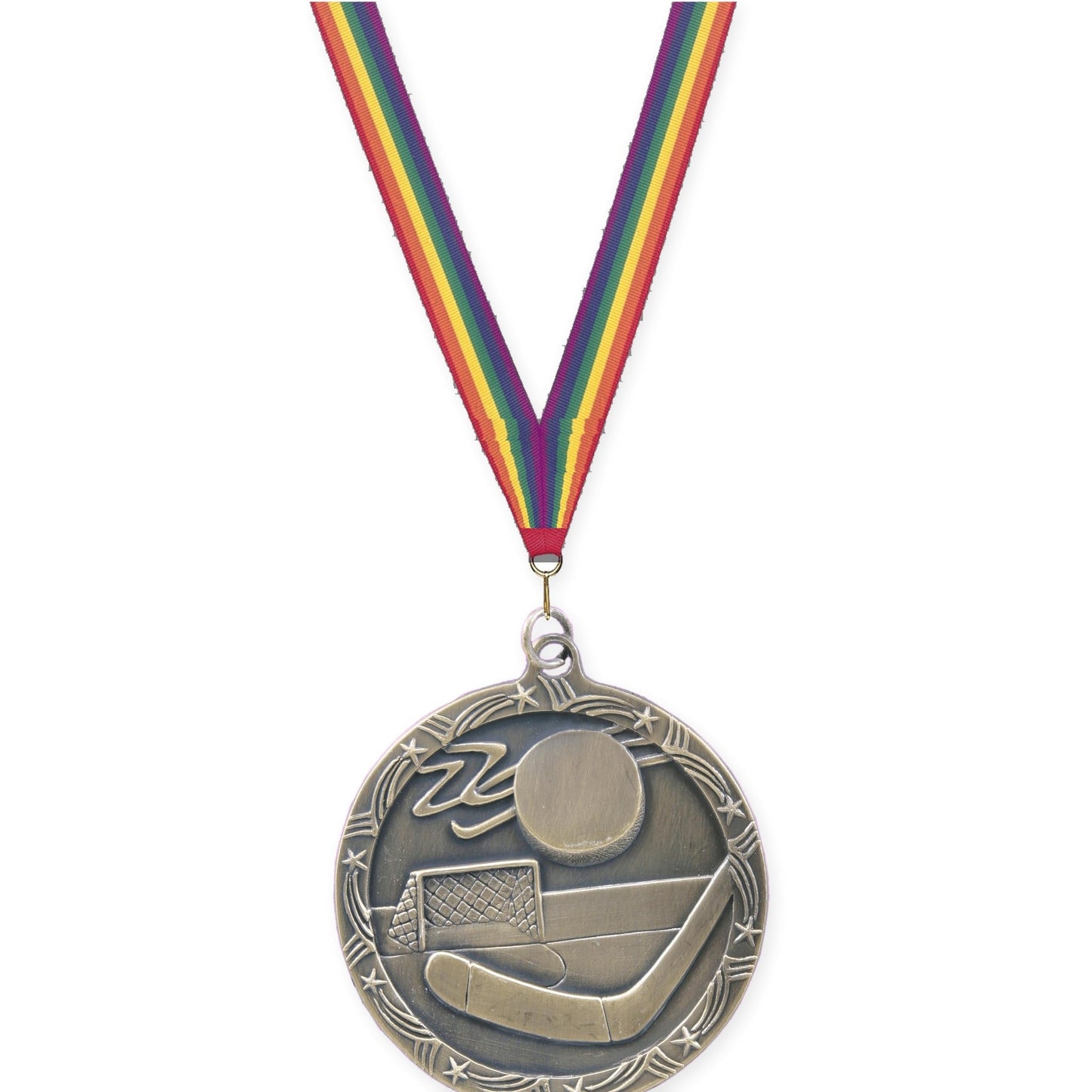 2 1/2 inch hockey Shooting Star medal in antique gold with Rainbow neck ribbon
