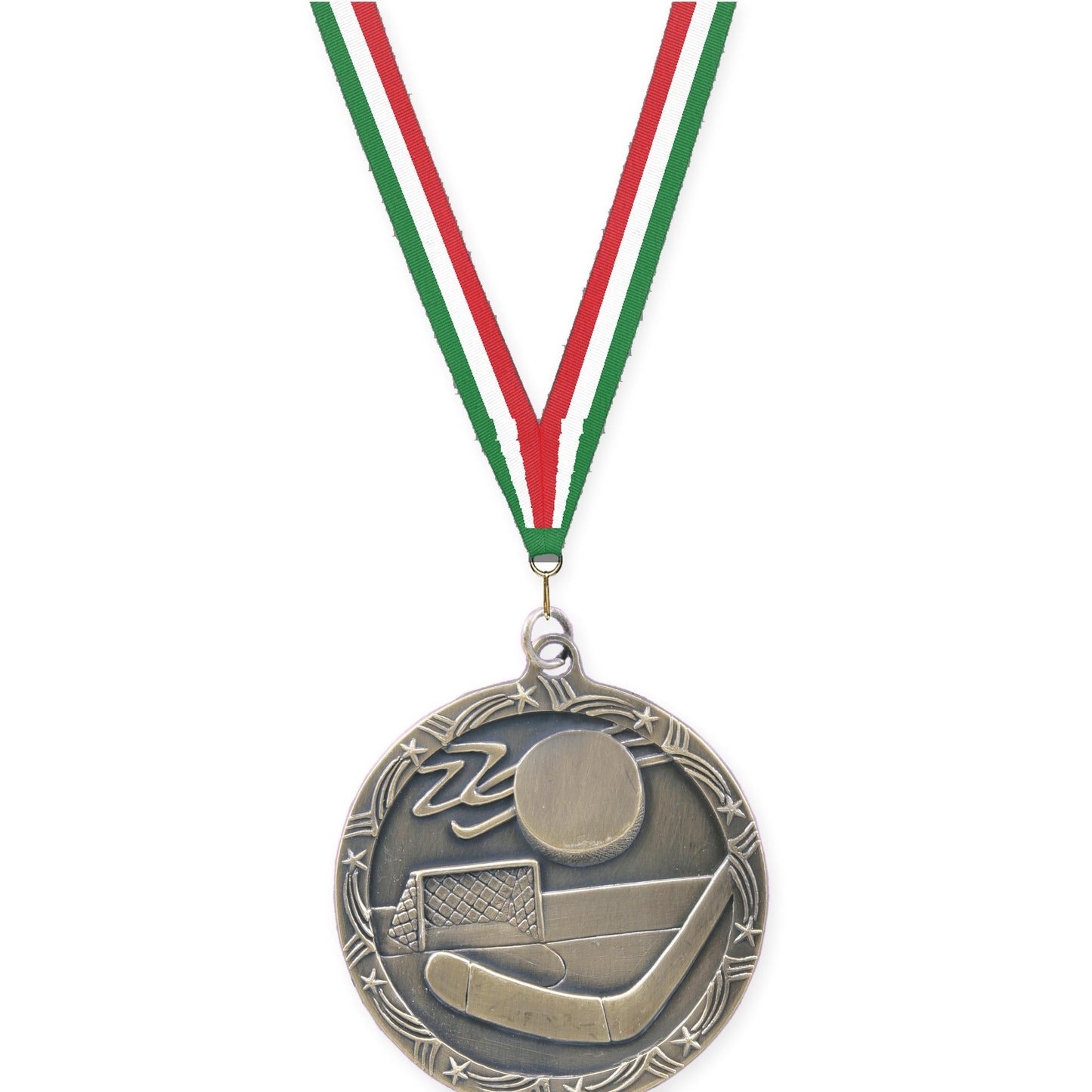 2 1/2 inch hockey Shooting Star medal in antique gold with Green White Red neck ribbon
