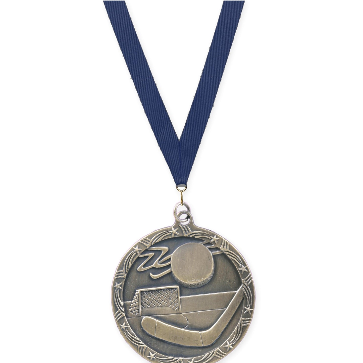 2 1/2 inch hockey Shooting Star medal in antique gold with Navy neck ribbon