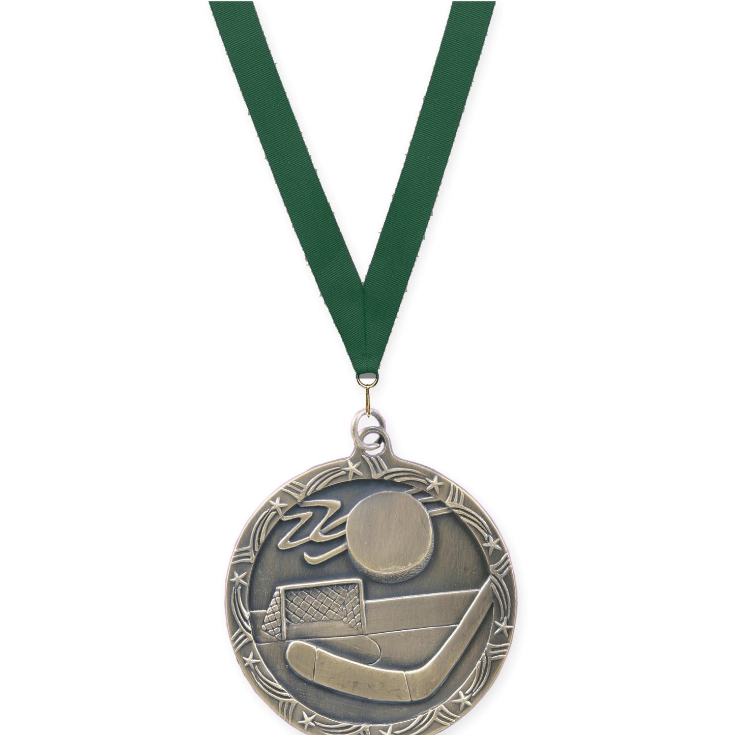2 1/2 inch hockey Shooting Star medal in antique gold with Hunter Green neck ribbon