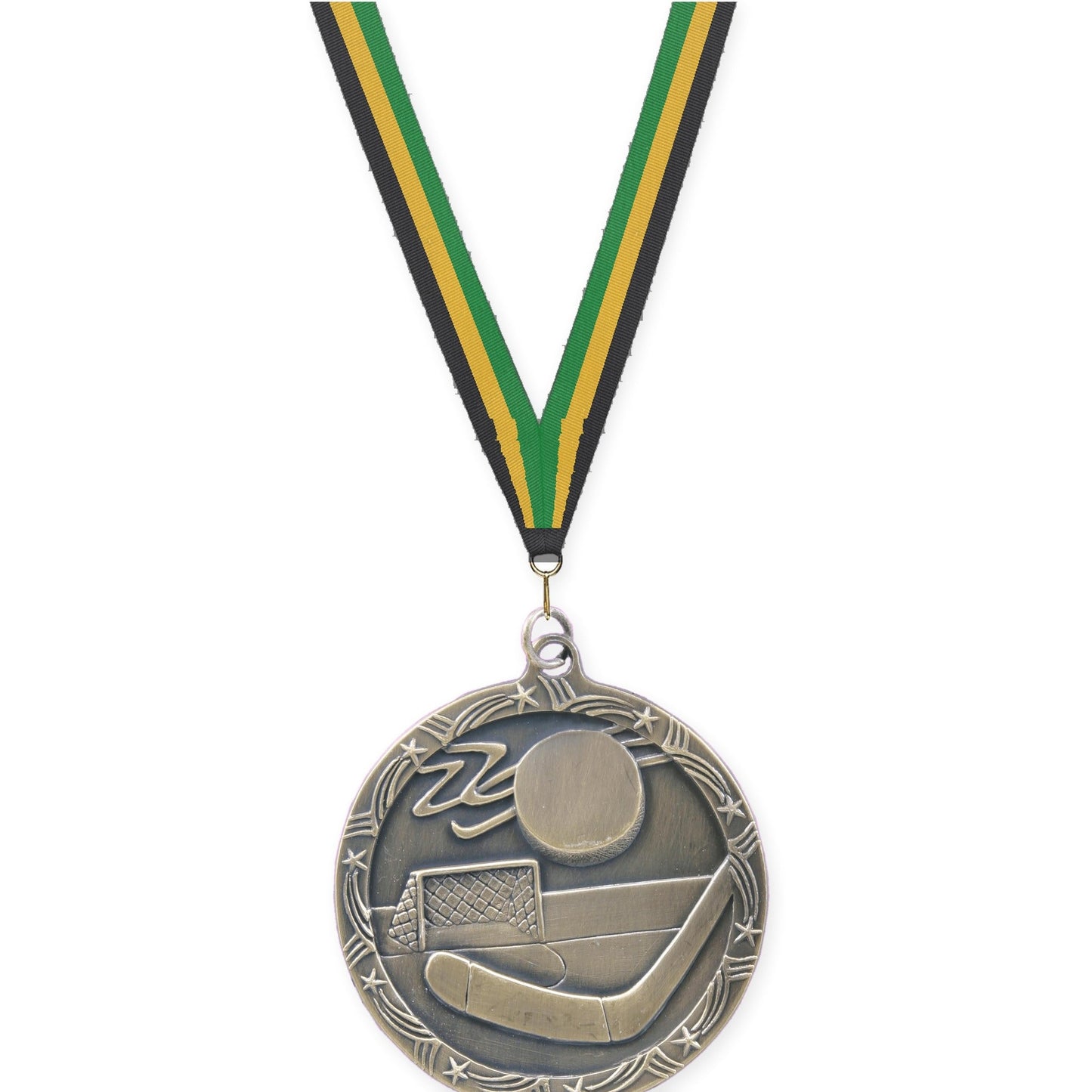 2 1/2 inch hockey Shooting Star medal in antique gold with Black Gold Green neck ribbon