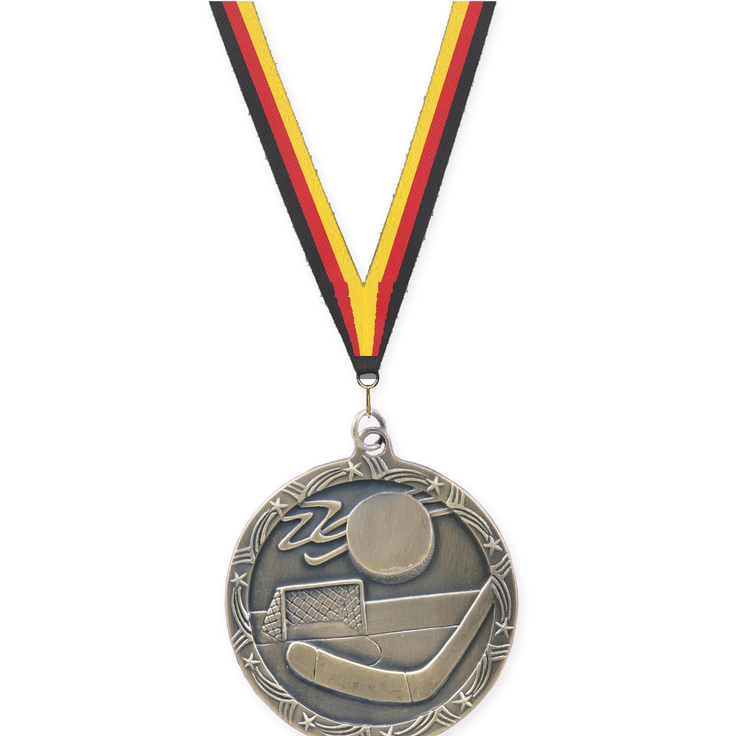 2 1/2 inch hockey Shooting Star medal in antique gold with Black Red Yellow neck ribbon