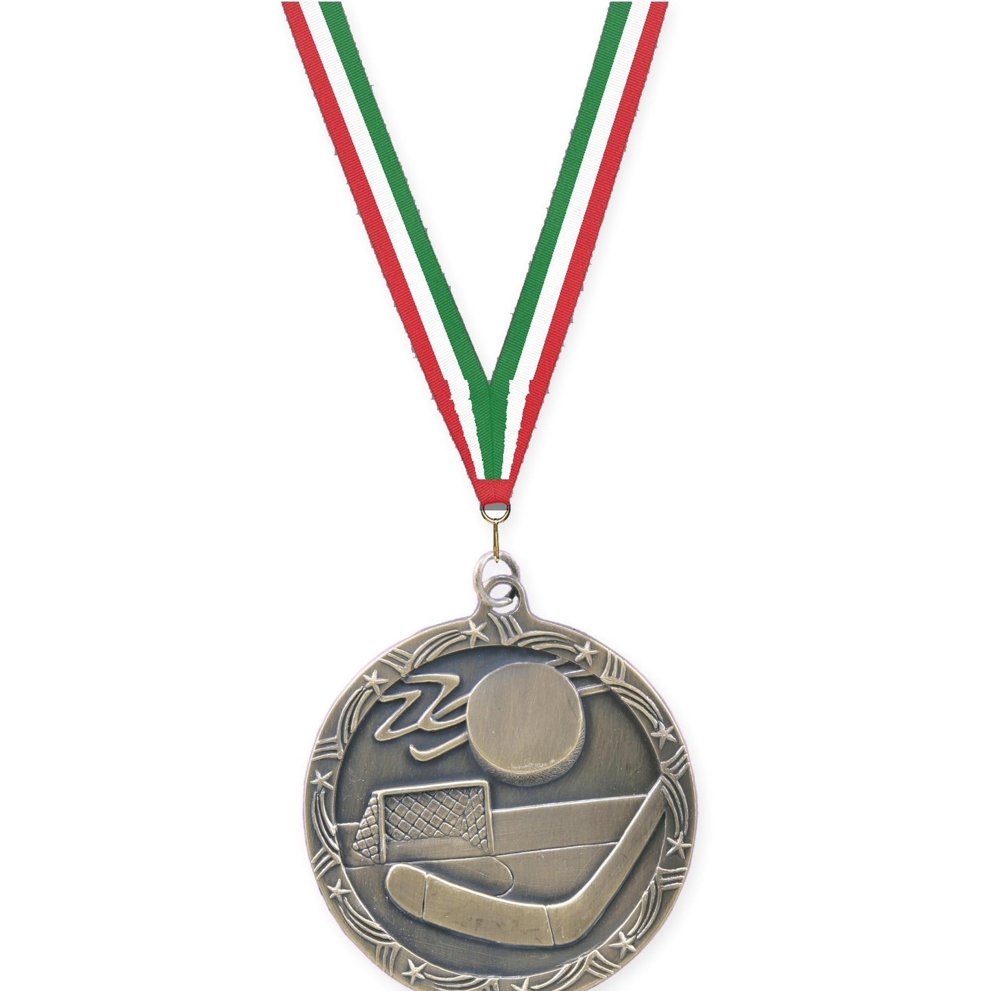 2 1/2 inch hockey Shooting Star medal in antique gold with Red White Green neck ribbon