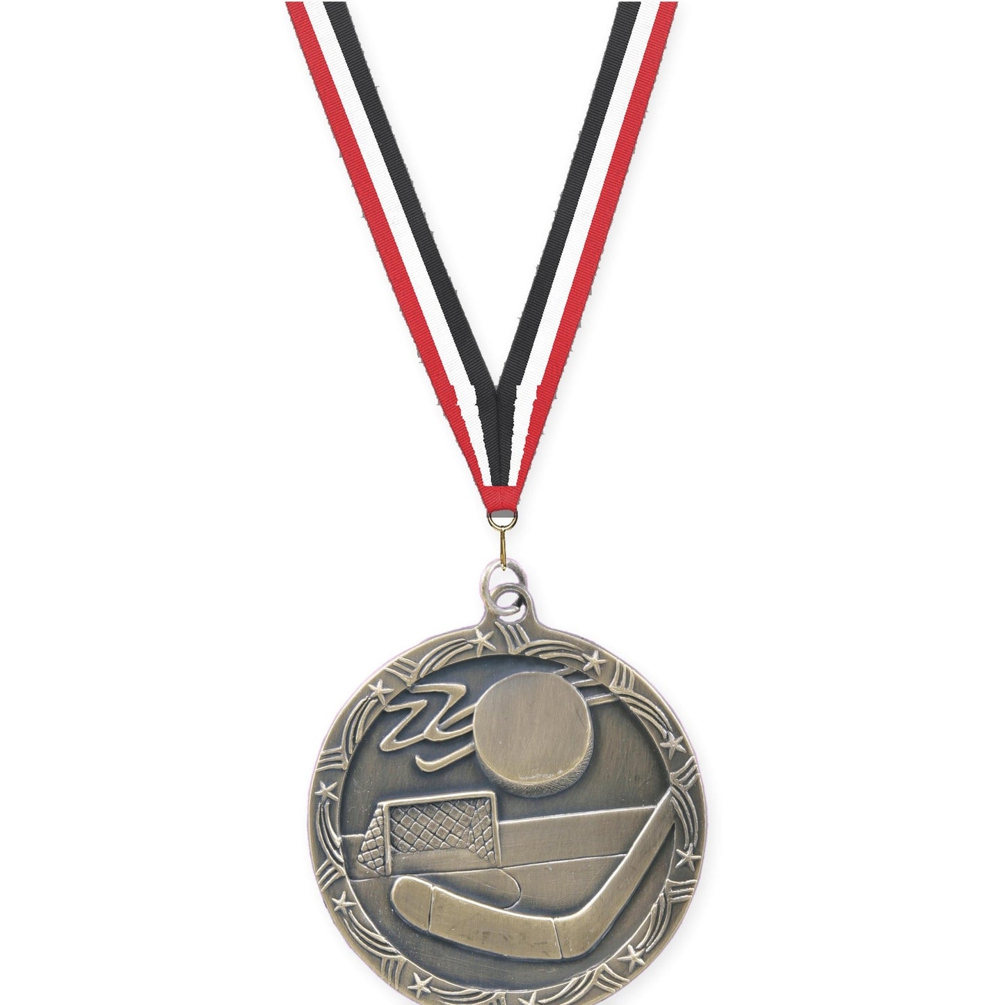 2 1/2 inch hockey Shooting Star medal in antique gold with Red White Black neck ribbon