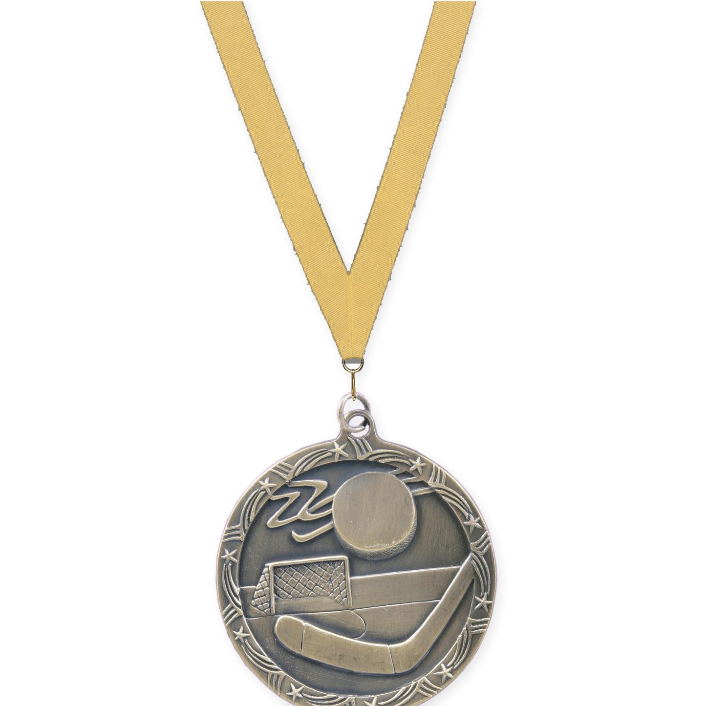 2 1/2 inch hockey Shooting Star medal in antique gold with Gold Metallic neck ribbon