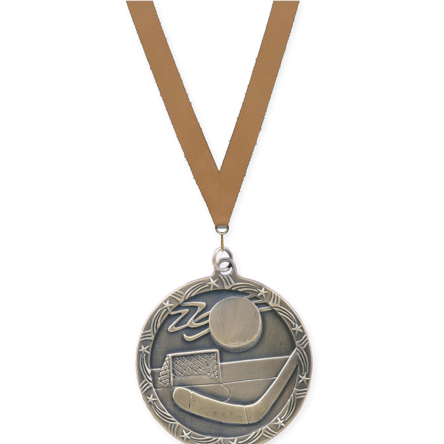 2 1/2 inch hockey Shooting Star medal in antique gold with Bronze Metallic neck ribbon