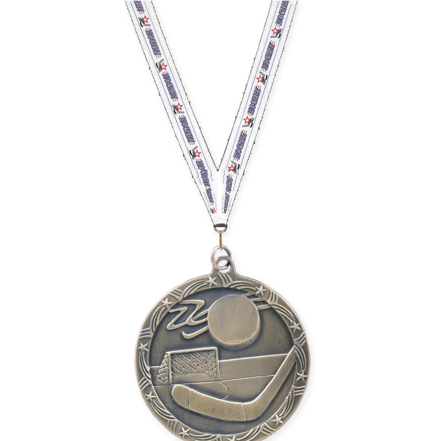 2 1/2 inch hockey Shooting Star medal in antique gold with Hockey neck ribbon