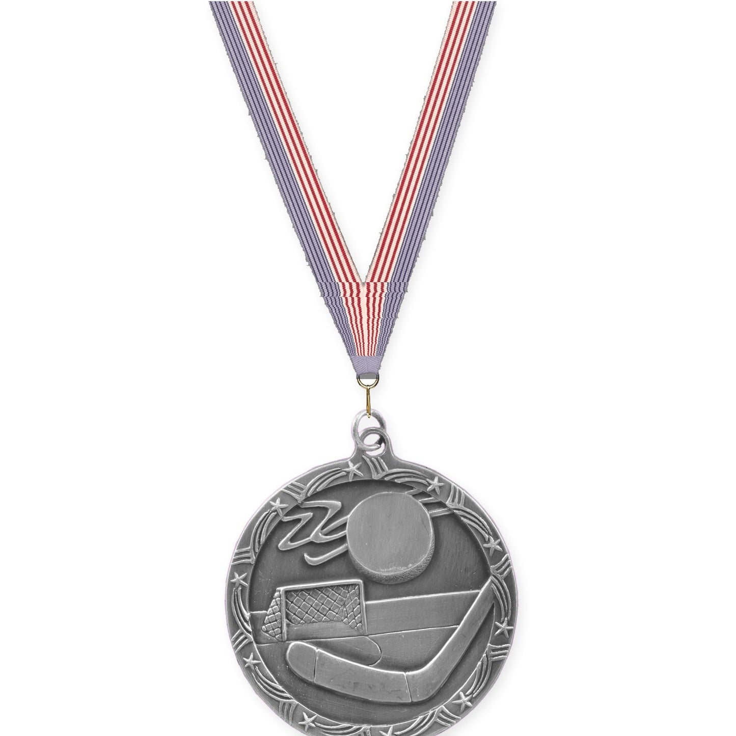 2 1/2 inch hockey Shooting Star medal in antique silver with USA Flag neck ribbon
