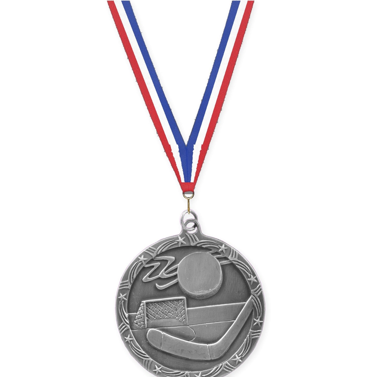2 1/2 inch hockey Shooting Star medal in antique silver with Red White Blue neck ribbon