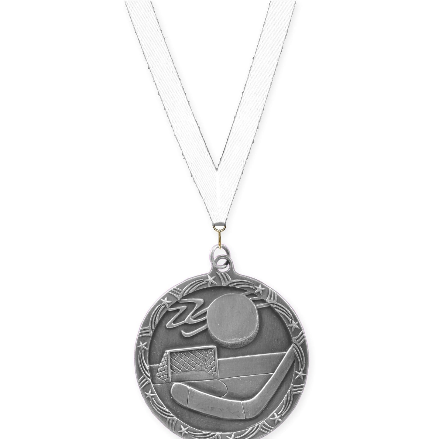 2 1/2 inch hockey Shooting Star medal in antique silver with White neck ribbon