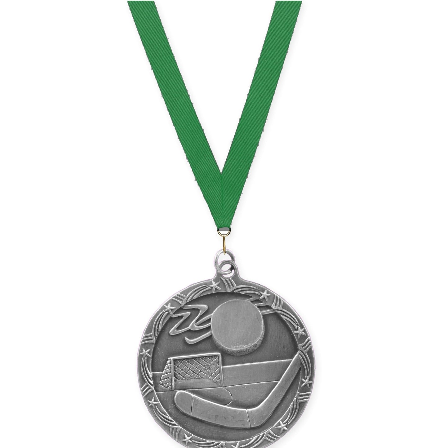2 1/2 inch hockey Shooting Star medal in antique silver with Green neck ribbon