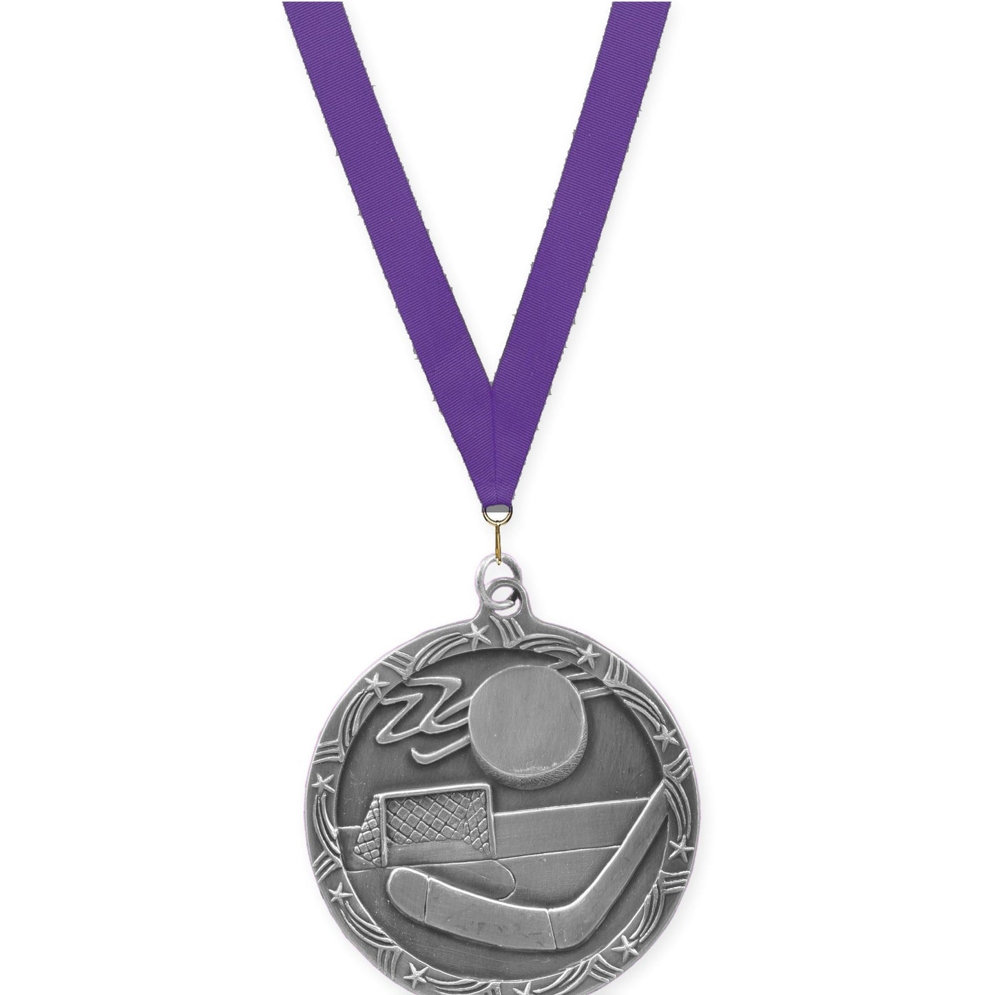 2 1/2 inch hockey Shooting Star medal in antique silver with Purple neck ribbon