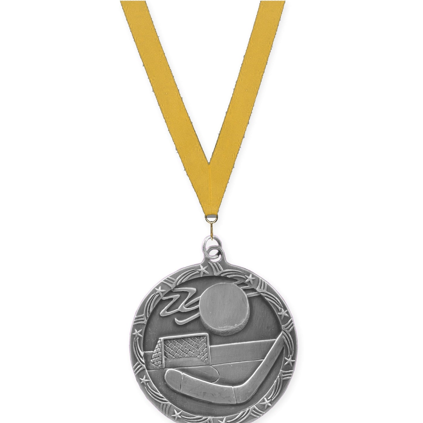 2 1/2 inch hockey Shooting Star medal in antique silver with Gold neck ribbon