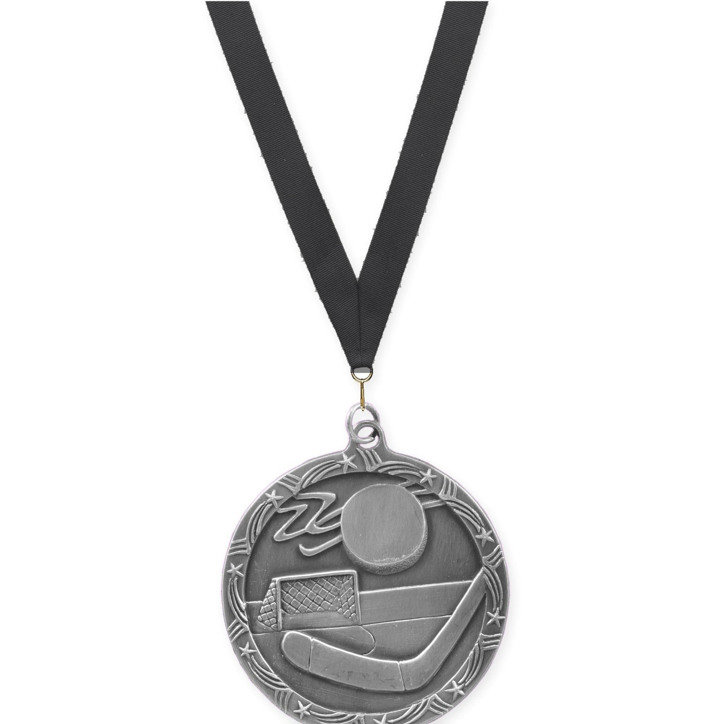 2 1/2 inch hockey Shooting Star medal in antique silver with Black neck ribbon