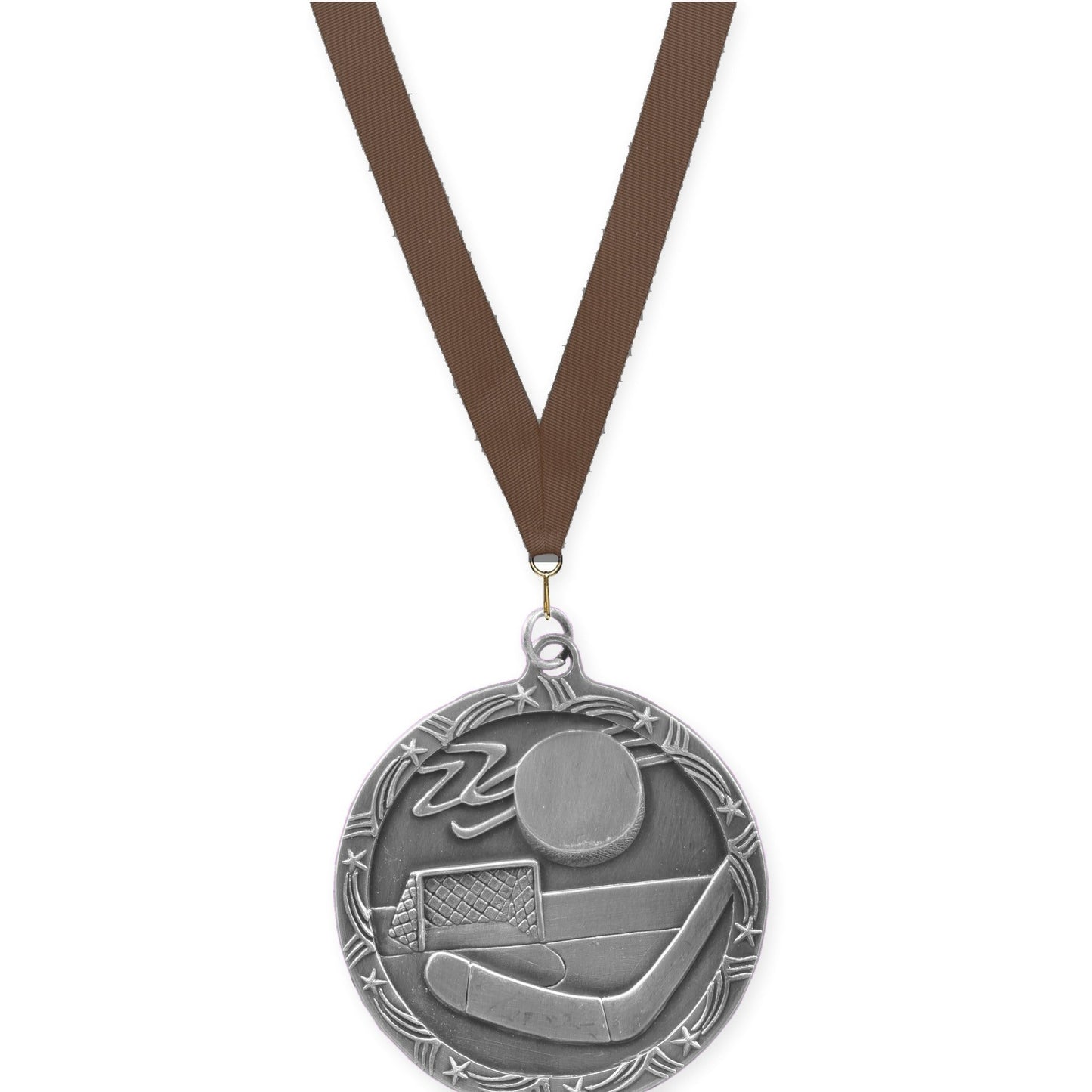 2 1/2 inch hockey Shooting Star medal in antique silver with Brown neck ribbon