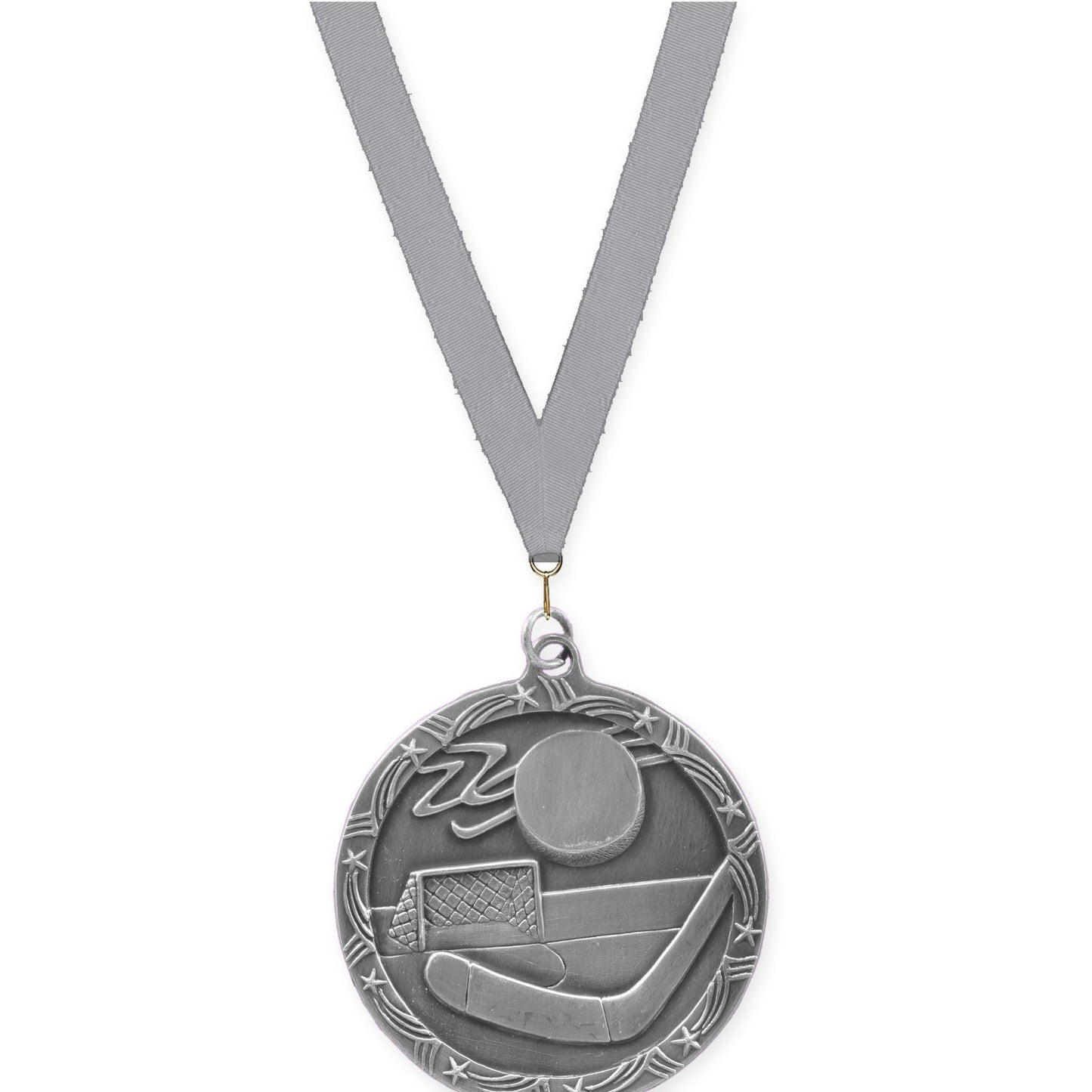2 1/2 inch hockey Shooting Star medal in antique silver with Gray neck ribbon