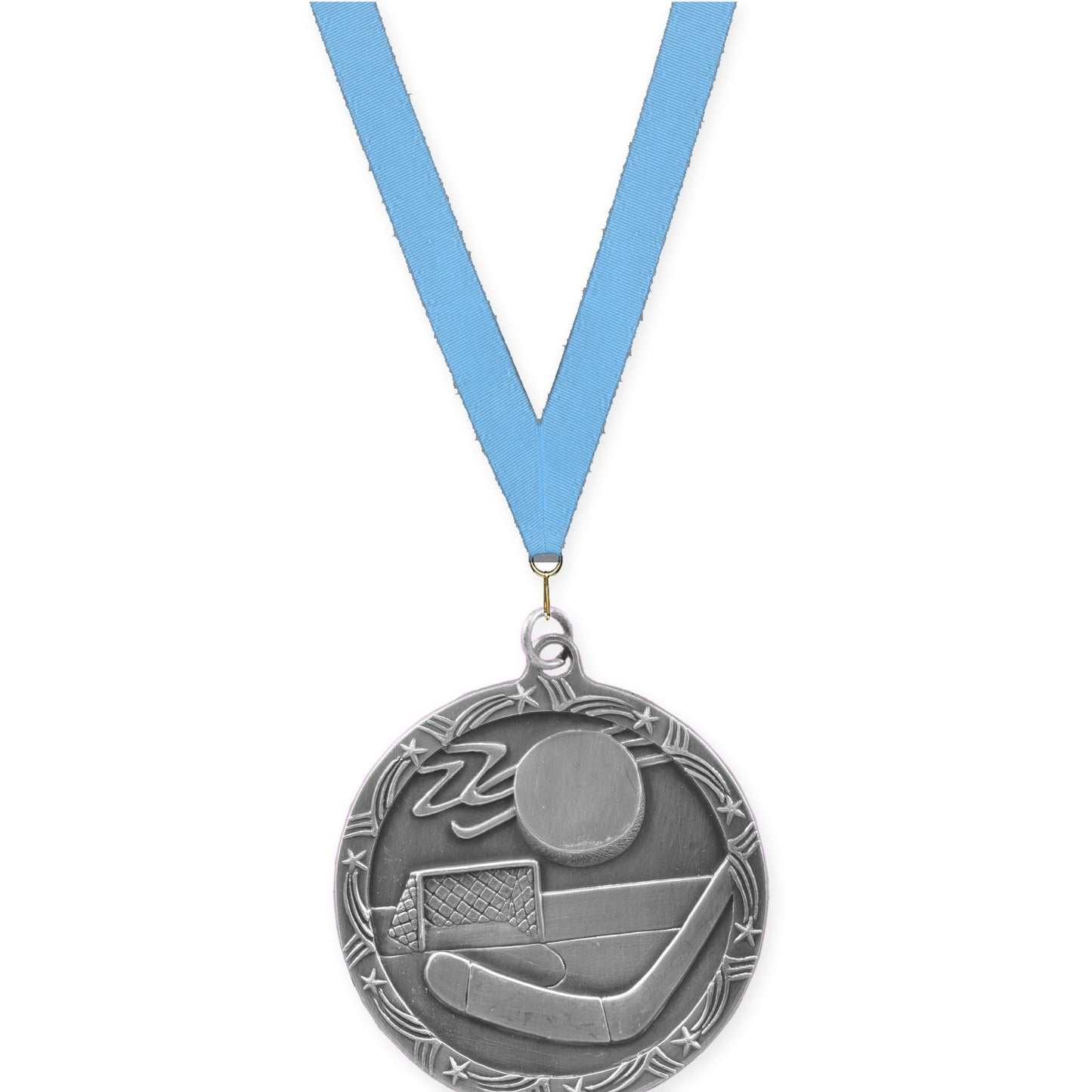 2 1/2 inch hockey Shooting Star medal in antique silver with Light Blue neck ribbon