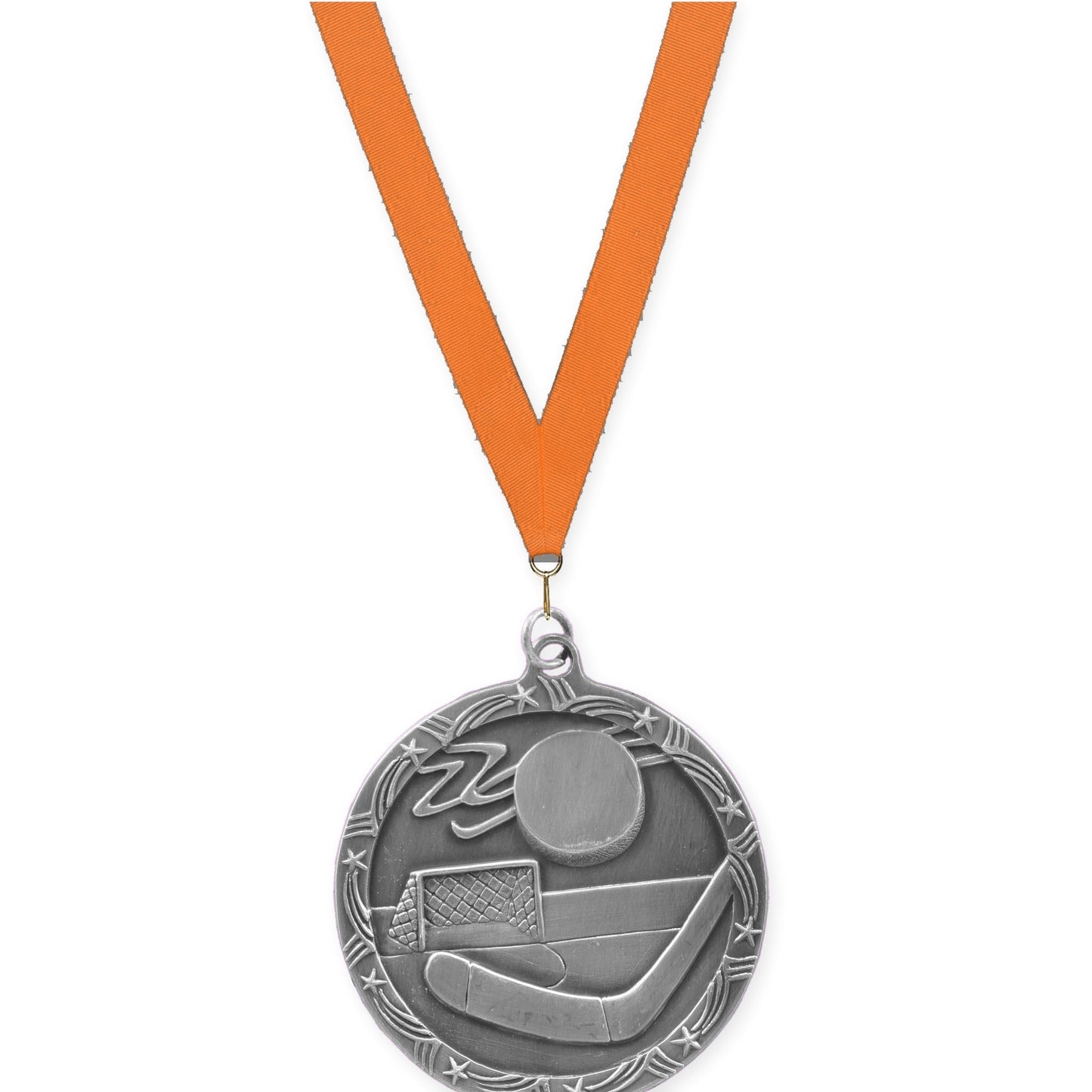 2 1/2 inch hockey Shooting Star medal in antique silver with Orange neck ribbon