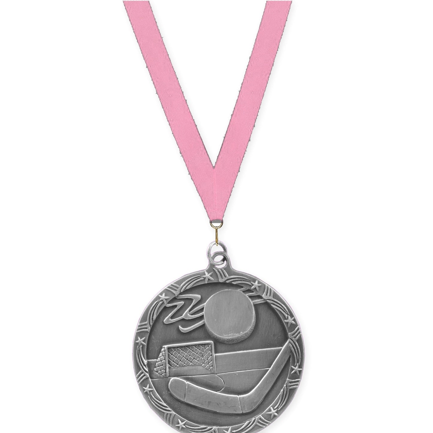 2 1/2 inch hockey Shooting Star medal in antique silver with Pink neck ribbon