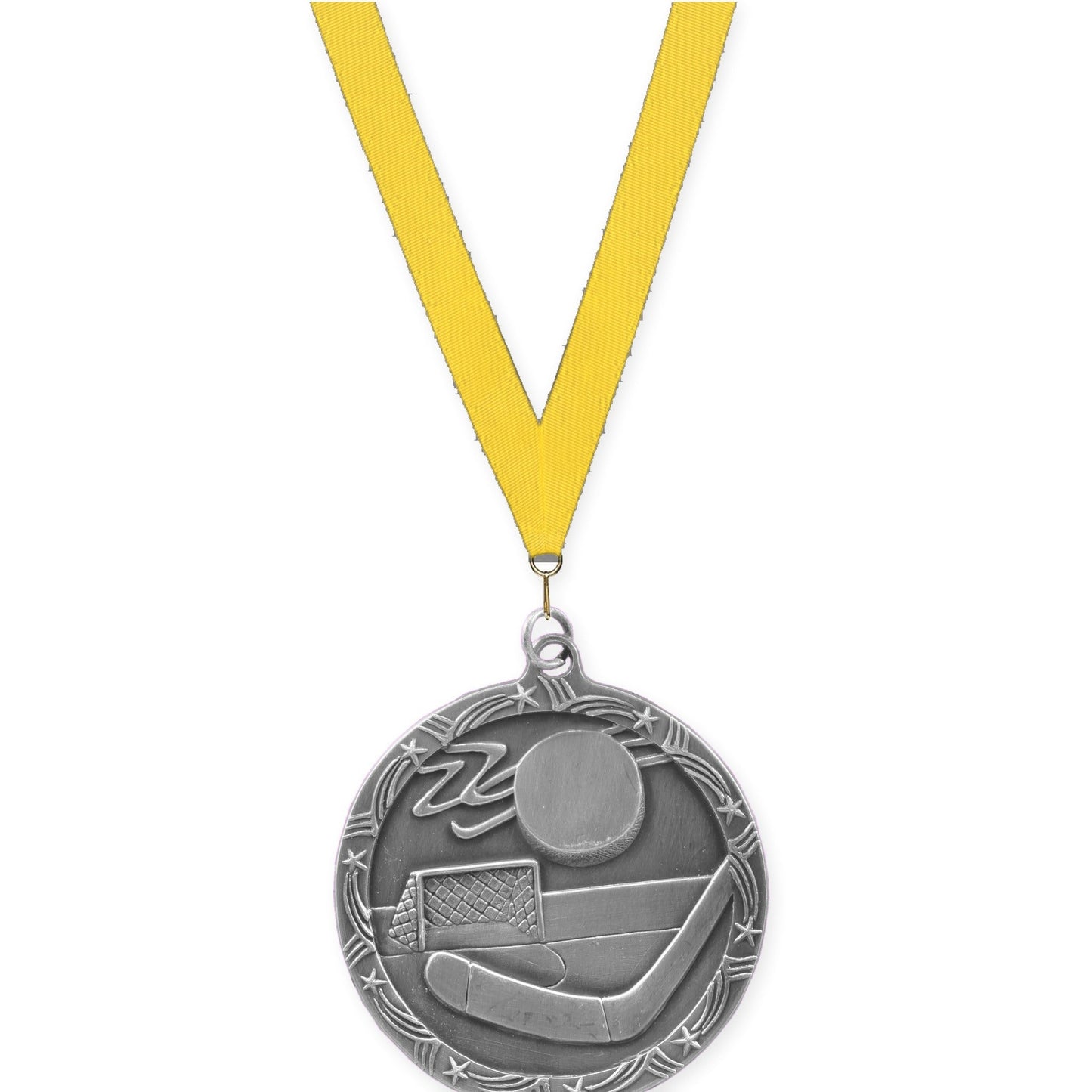 2 1/2 inch hockey Shooting Star medal in antique silver with Yellow neck ribbon