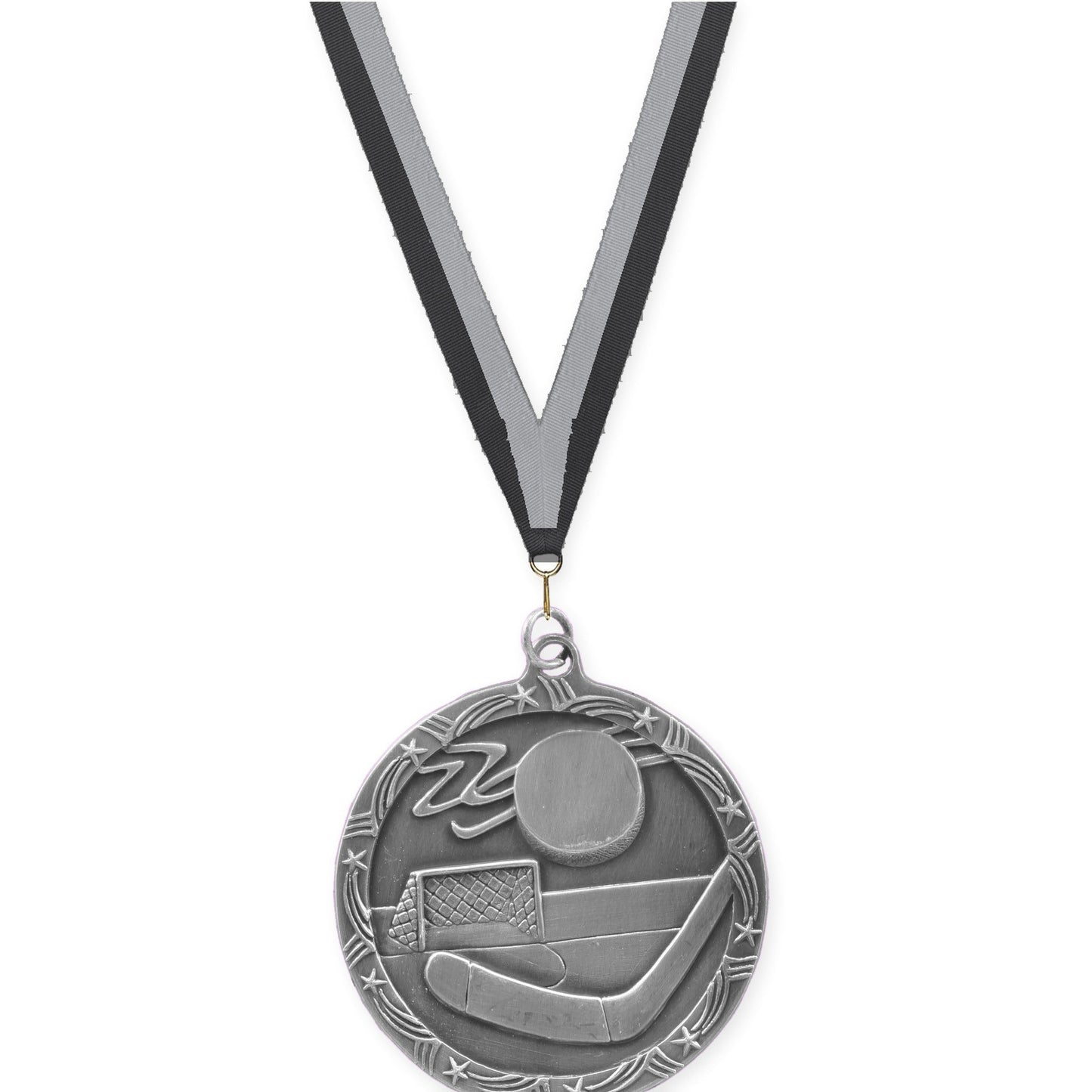 2 1/2 inch hockey Shooting Star medal in antique silver with Black Gray neck ribbon