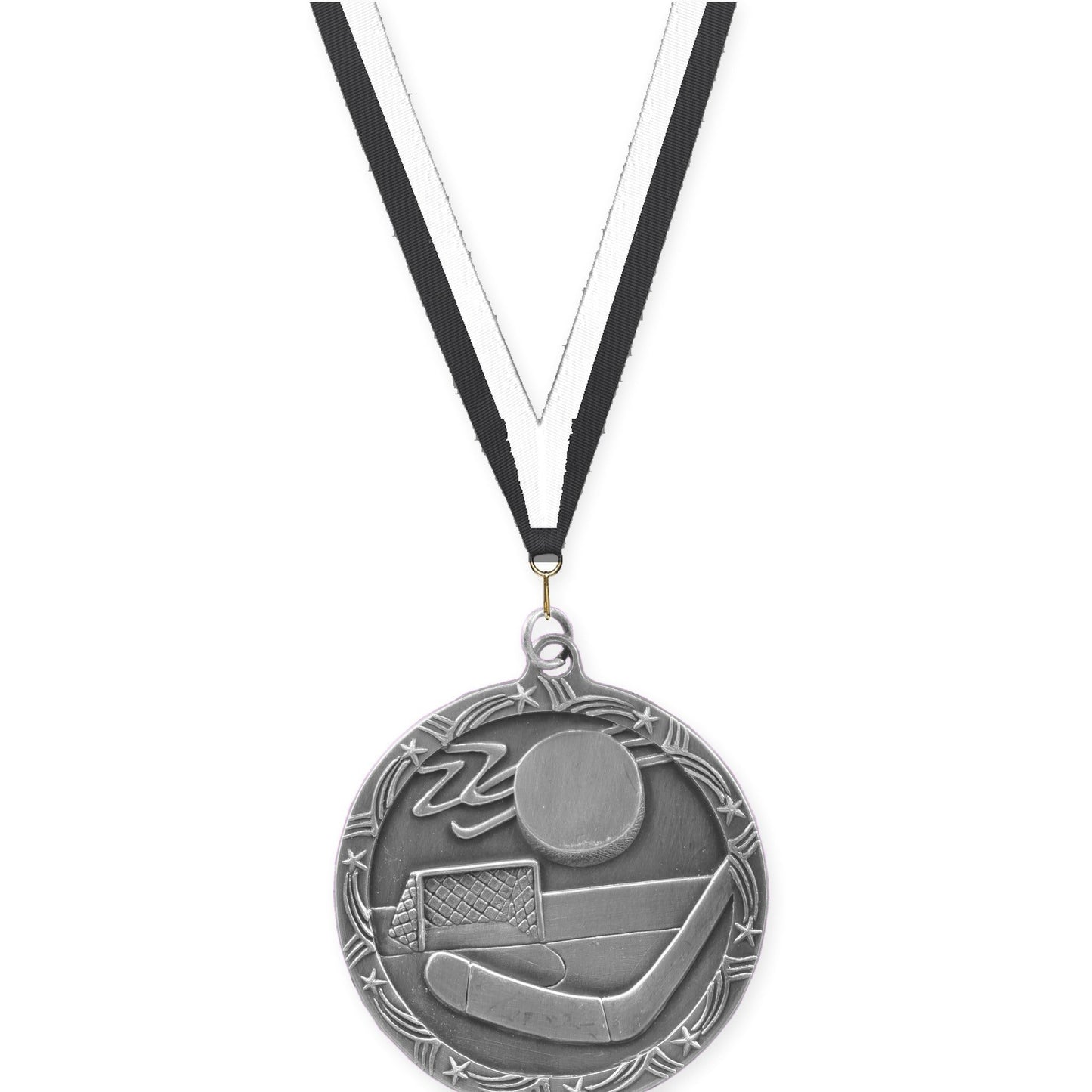 2 1/2 inch hockey Shooting Star medal in antique silver with Black White neck ribbon