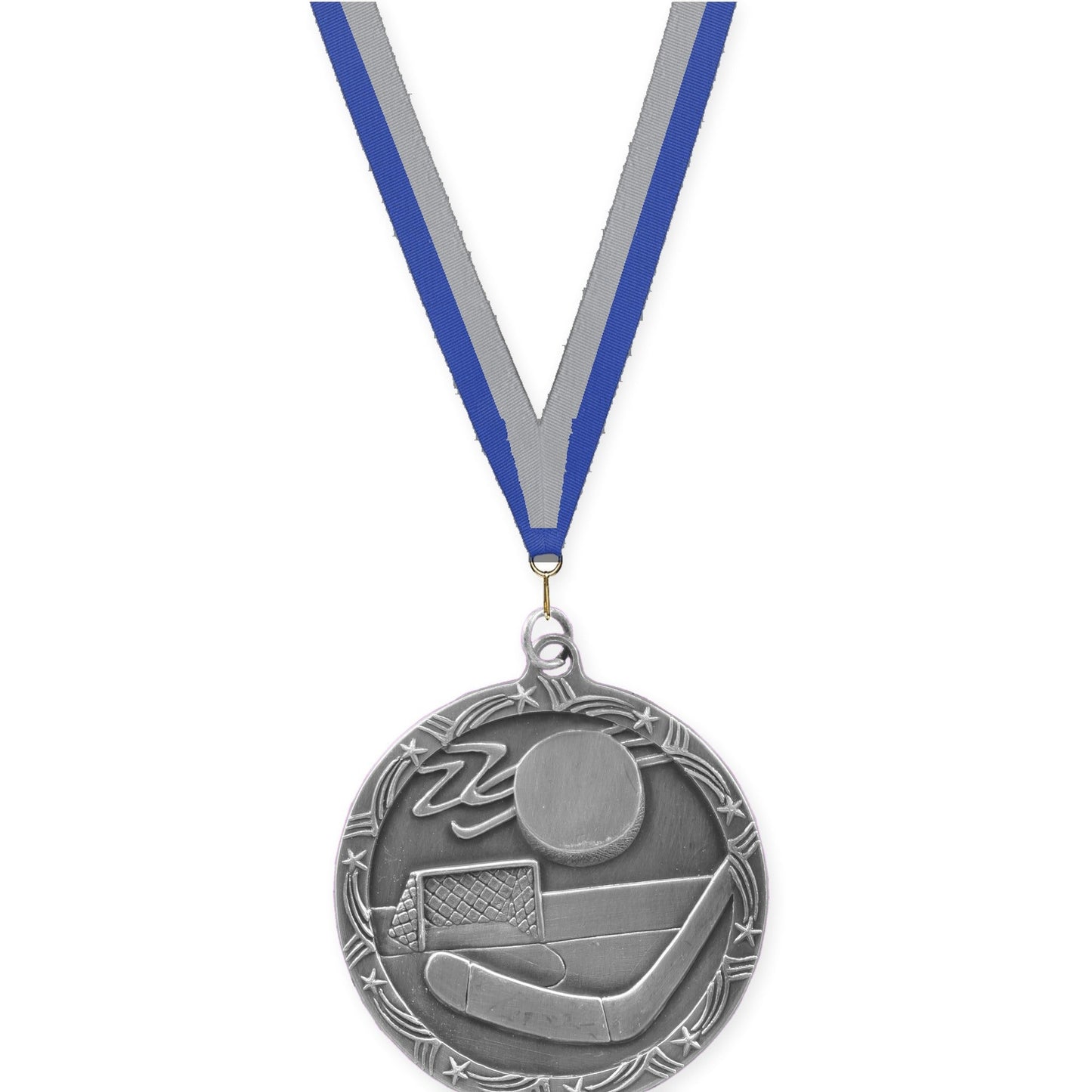 2 1/2 inch hockey Shooting Star medal in antique silver with Blue Gray neck ribbon