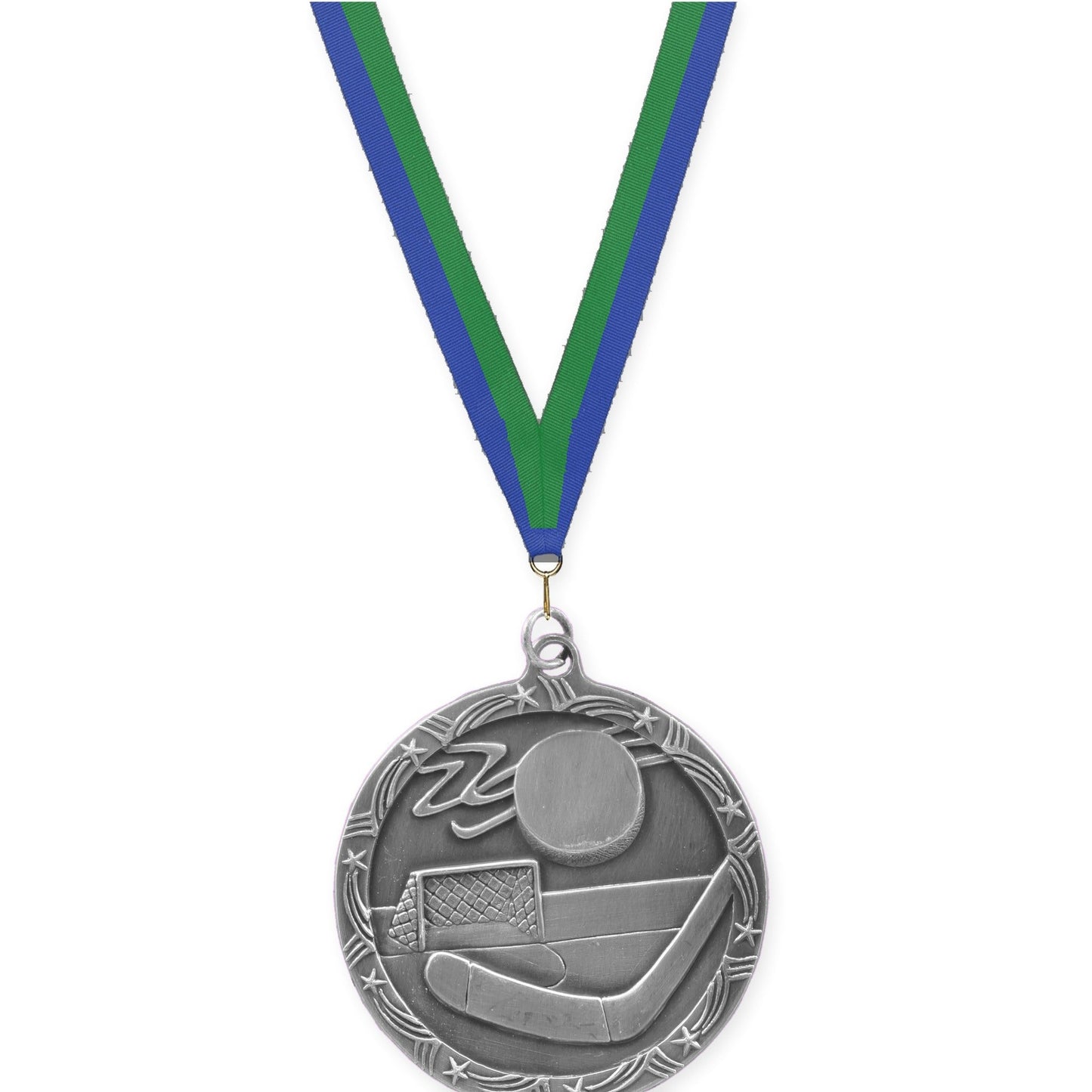 2 1/2 inch hockey Shooting Star medal in antique silver with Blue Green neck ribbon