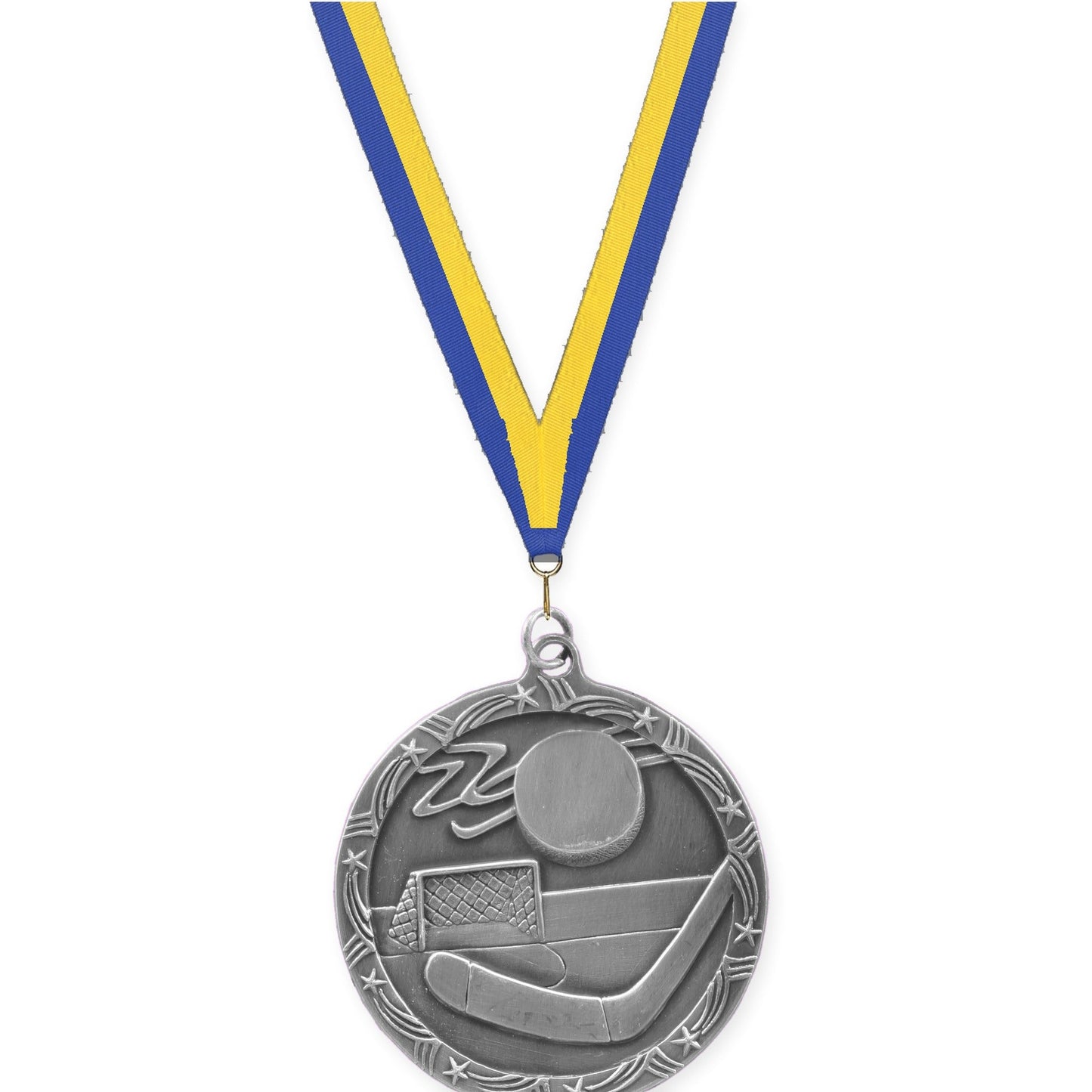 2 1/2 inch hockey Shooting Star medal in antique silver with Blue Yellow neck ribbon