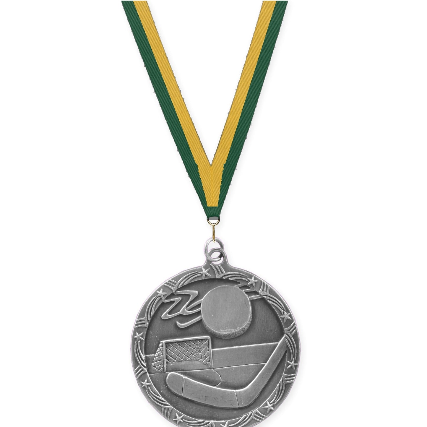 2 1/2 inch hockey Shooting Star medal in antique silver with Hunter Green Gold neck ribbon
