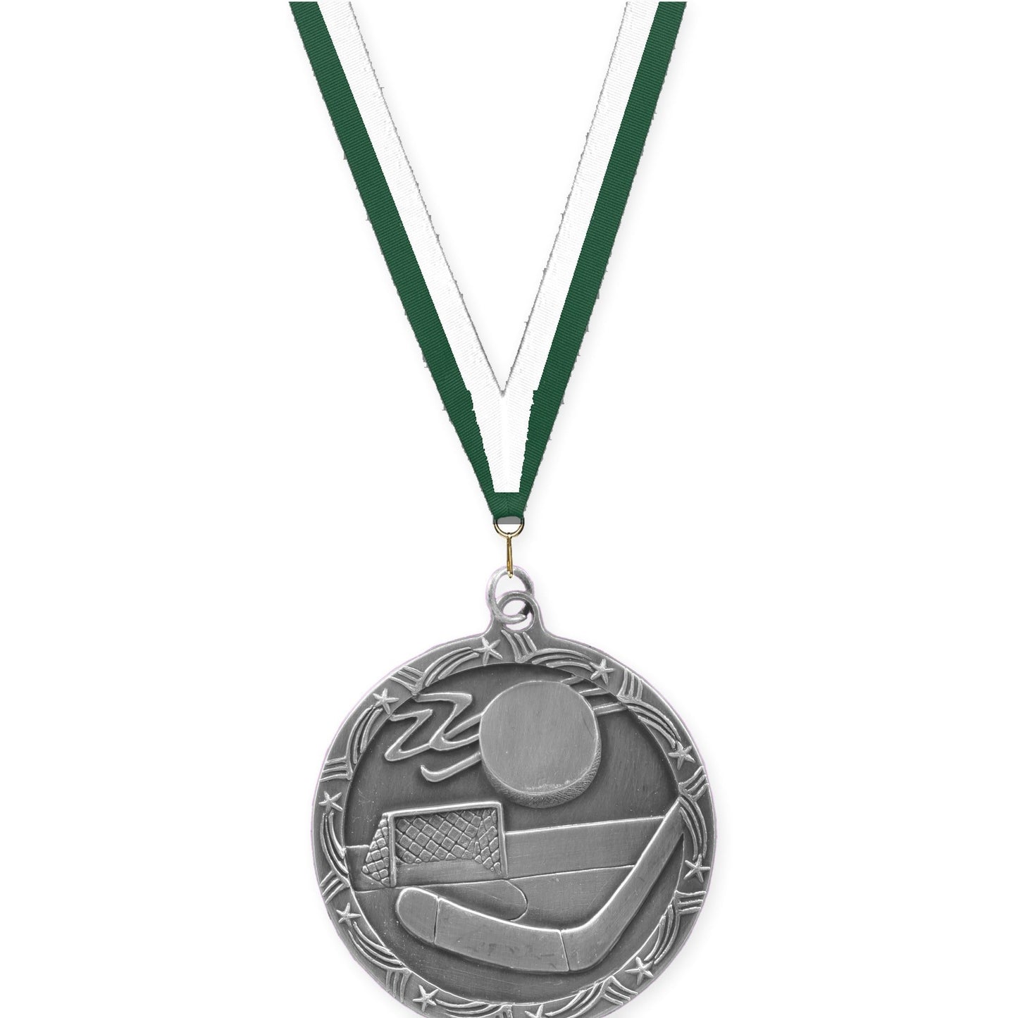 2 1/2 inch hockey Shooting Star medal in antique silver with Hunter Green White neck ribbon