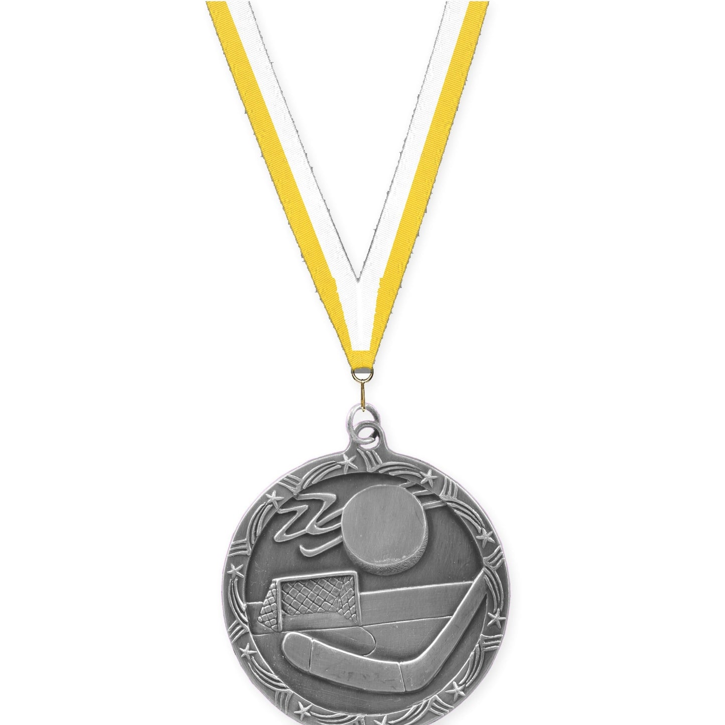 2 1/2 inch hockey Shooting Star medal in antique silver with Yellow White neck ribbon