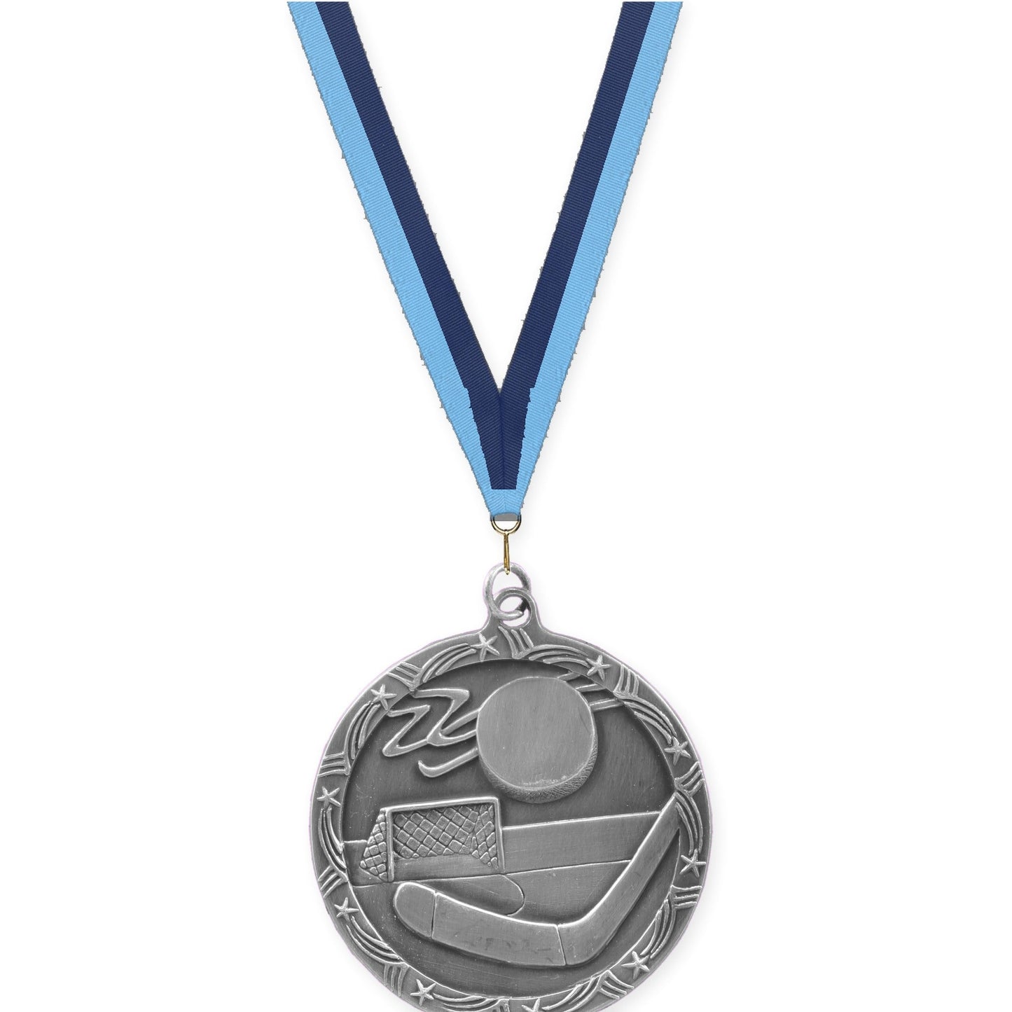 2 1/2 inch hockey Shooting Star medal in antique silver with Light Blue Navy neck ribbon
