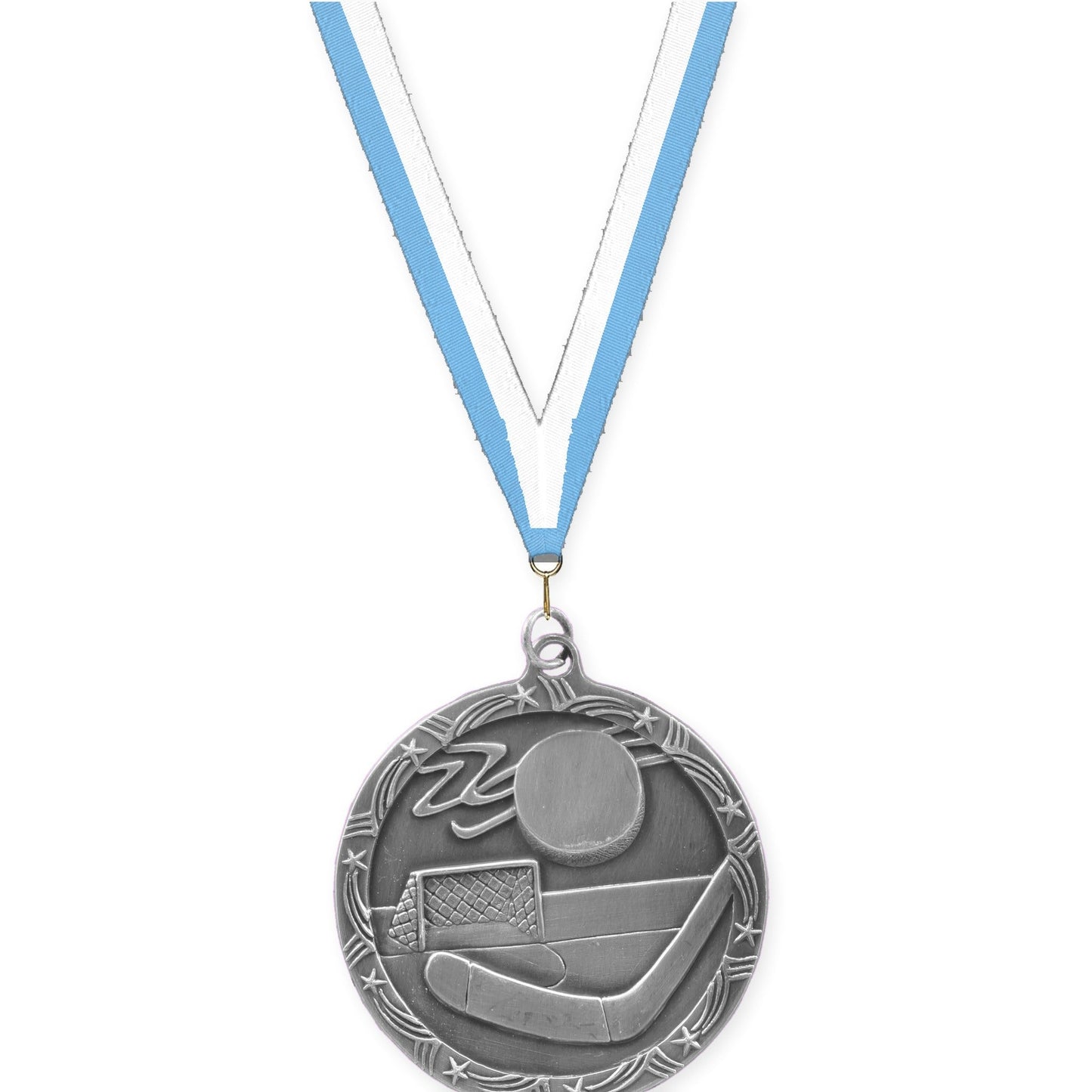 2 1/2 inch hockey Shooting Star medal in antique silver with Light Blue White neck ribbon