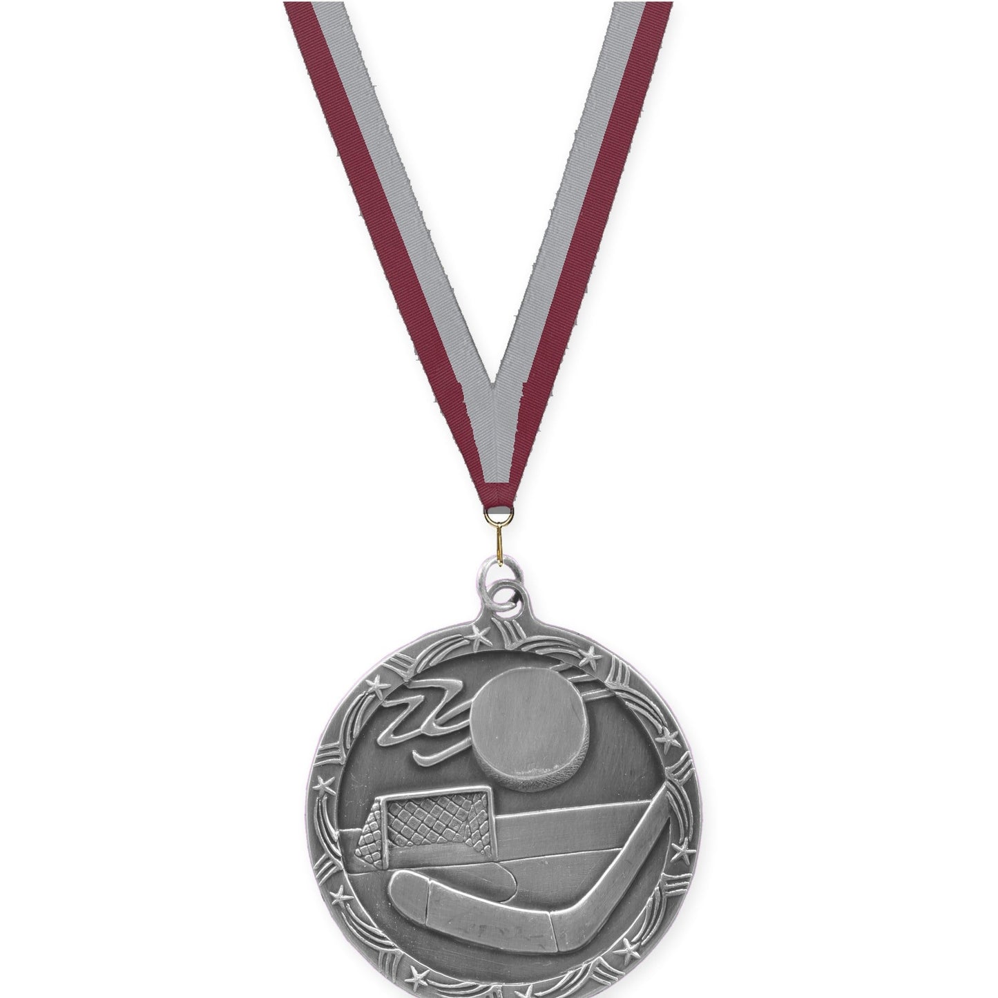 2 1/2 inch hockey Shooting Star medal in antique silver with Maroon Gray neck ribbon