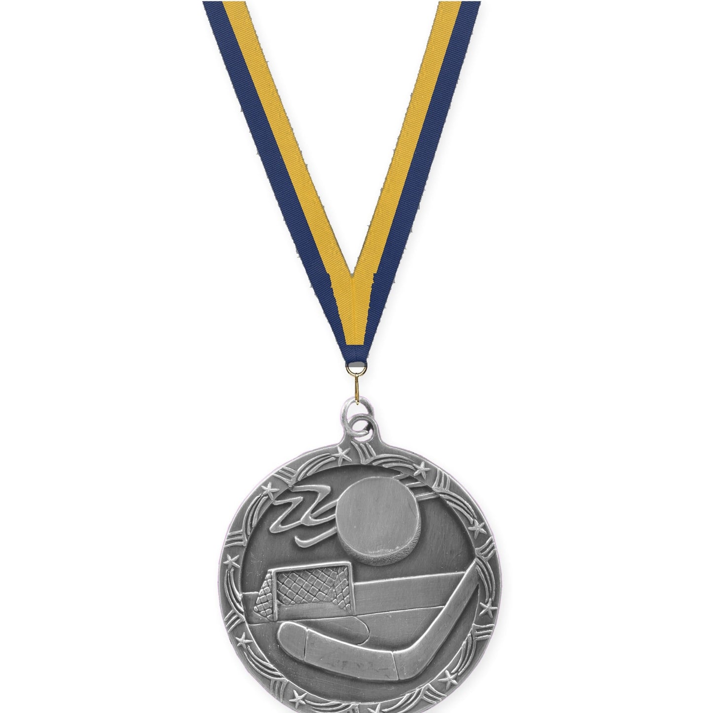 2 1/2 inch hockey Shooting Star medal in antique silver with Navy Gold neck ribbon