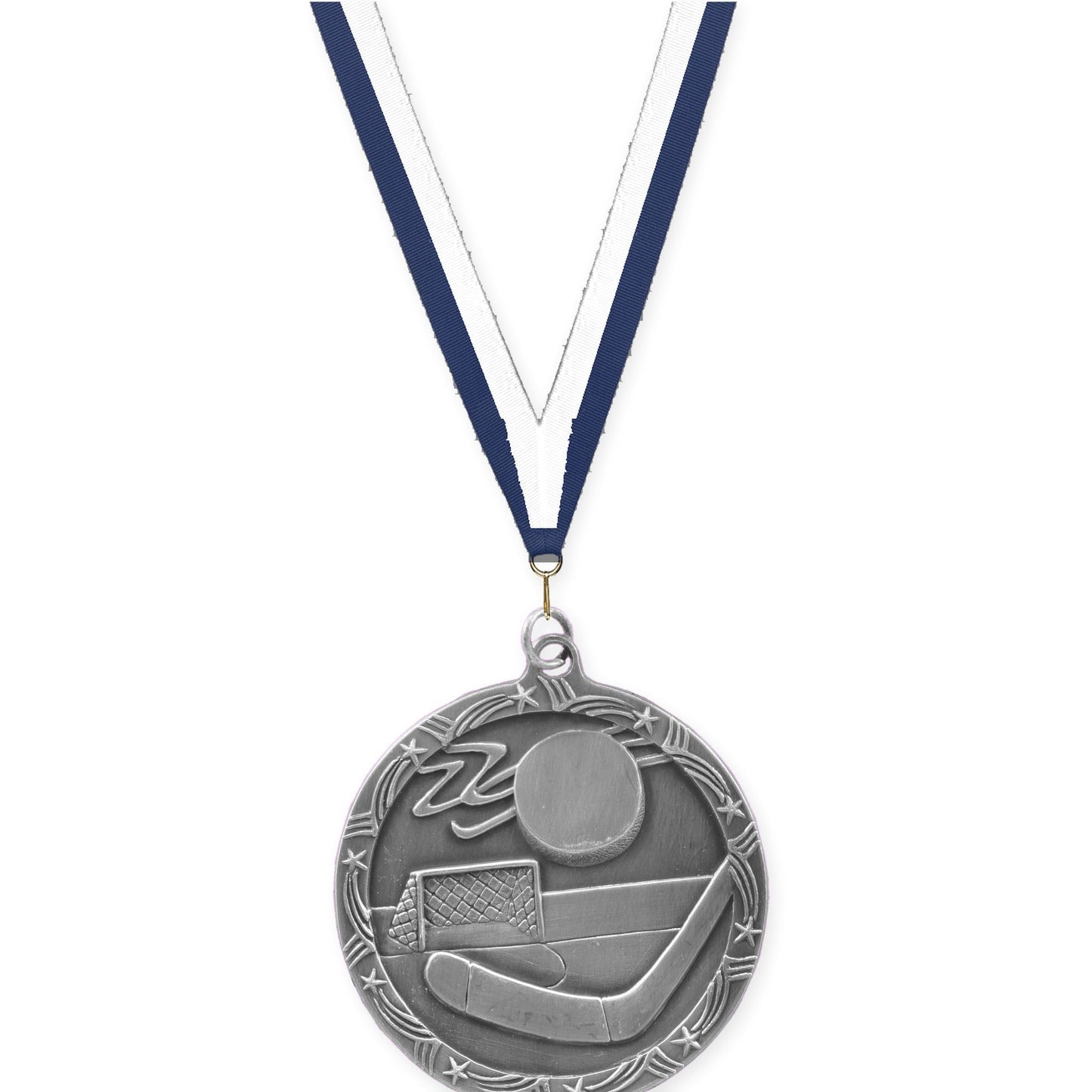 2 1/2 inch hockey Shooting Star medal in antique silver with Navy White neck ribbon