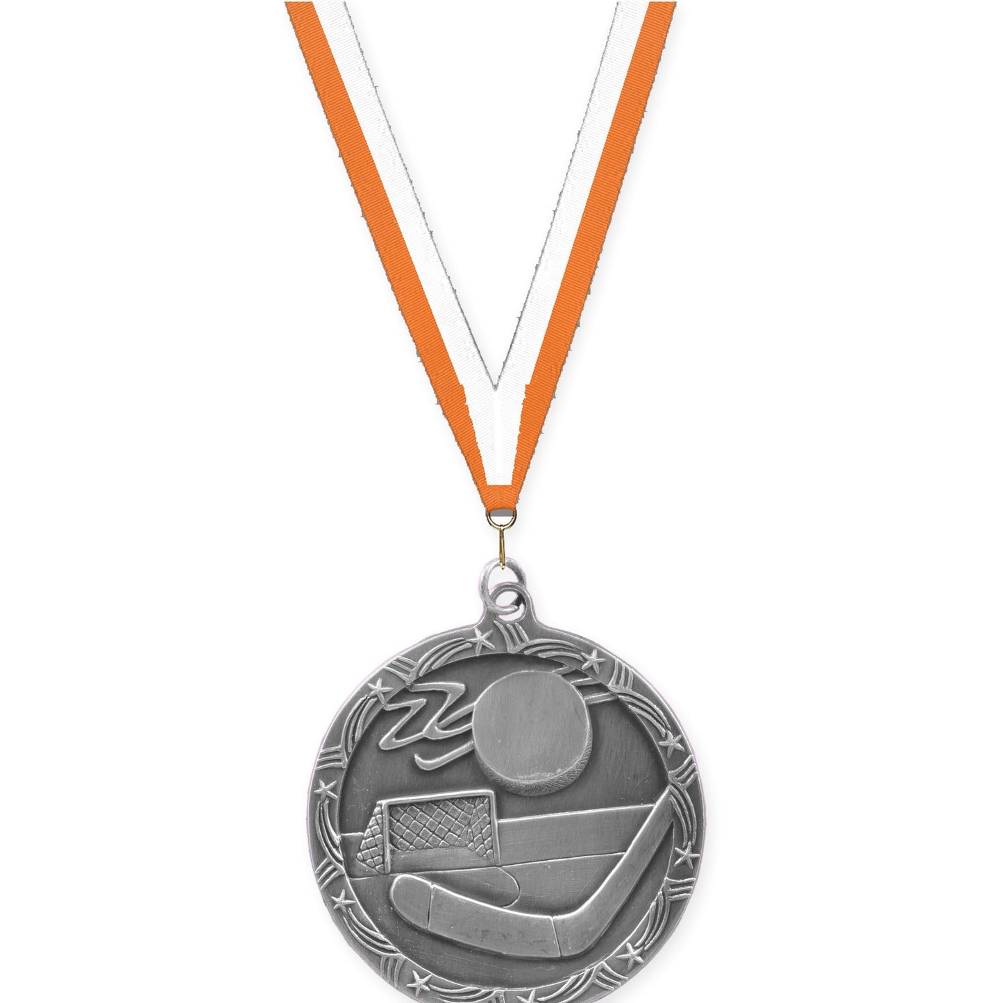 2 1/2 inch hockey Shooting Star medal in antique silver with Orange White neck ribbon
