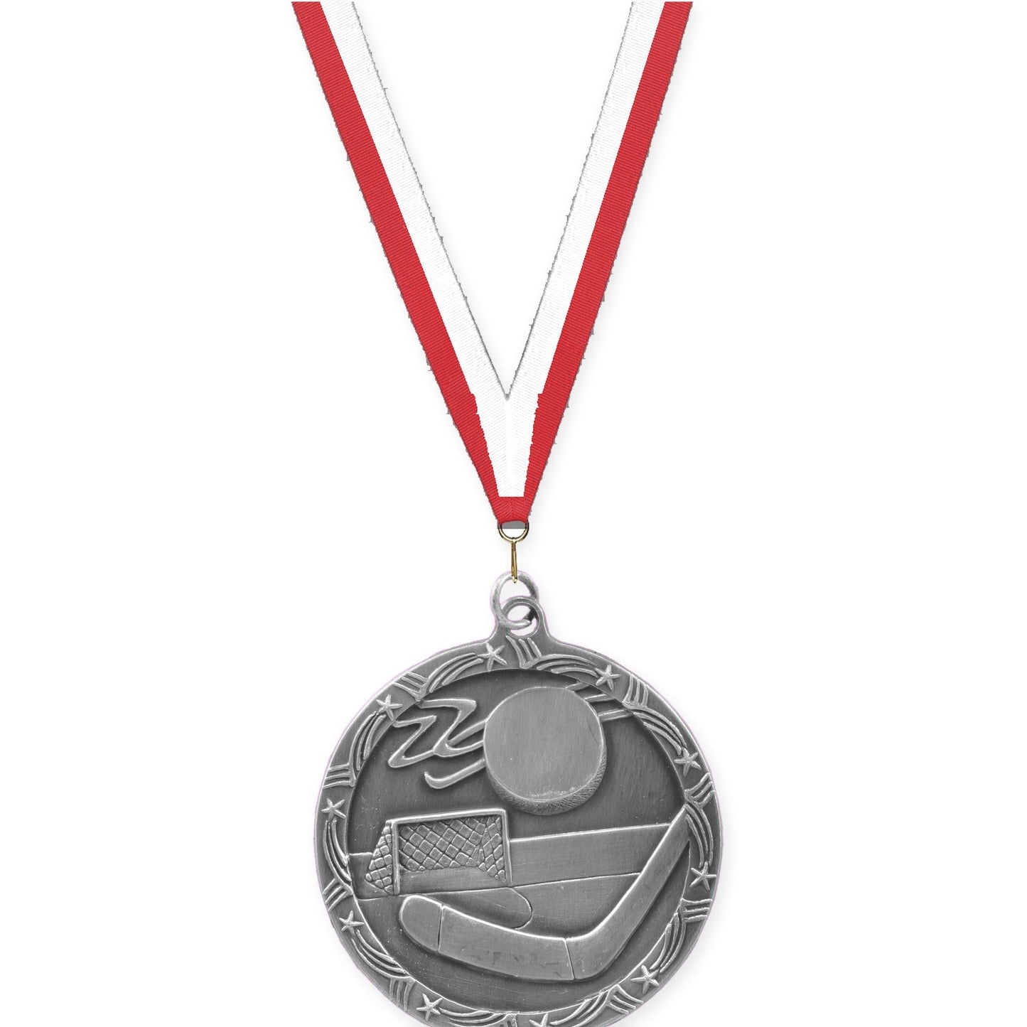 2 1/2 inch hockey Shooting Star medal in antique silver with Red White neck ribbon