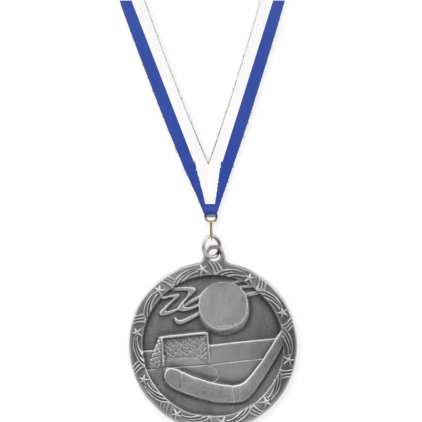 2 1/2 inch hockey Shooting Star medal in antique silver with Blue White neck ribbon