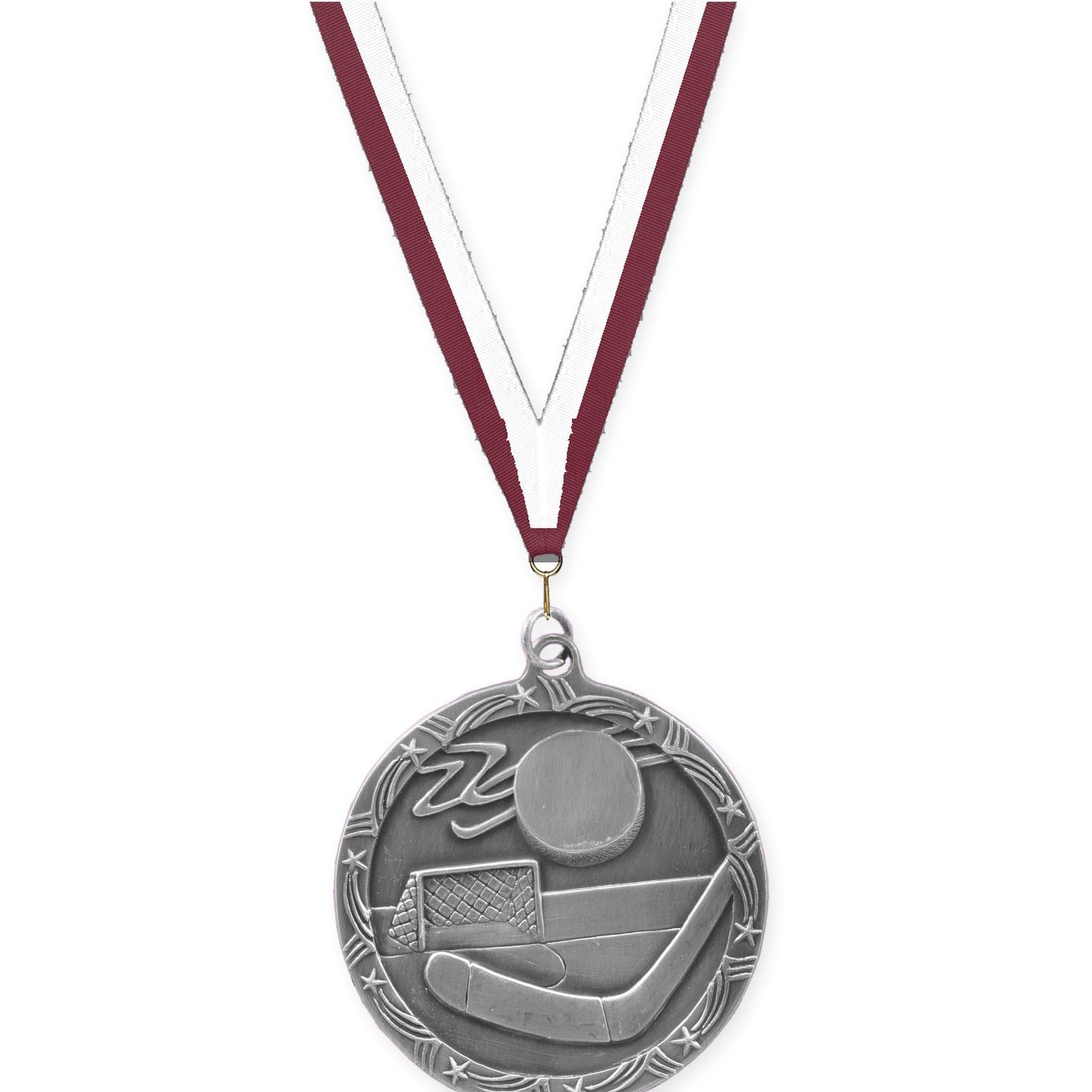 2 1/2 inch hockey Shooting Star medal in antique silver with Maroon White neck ribbon