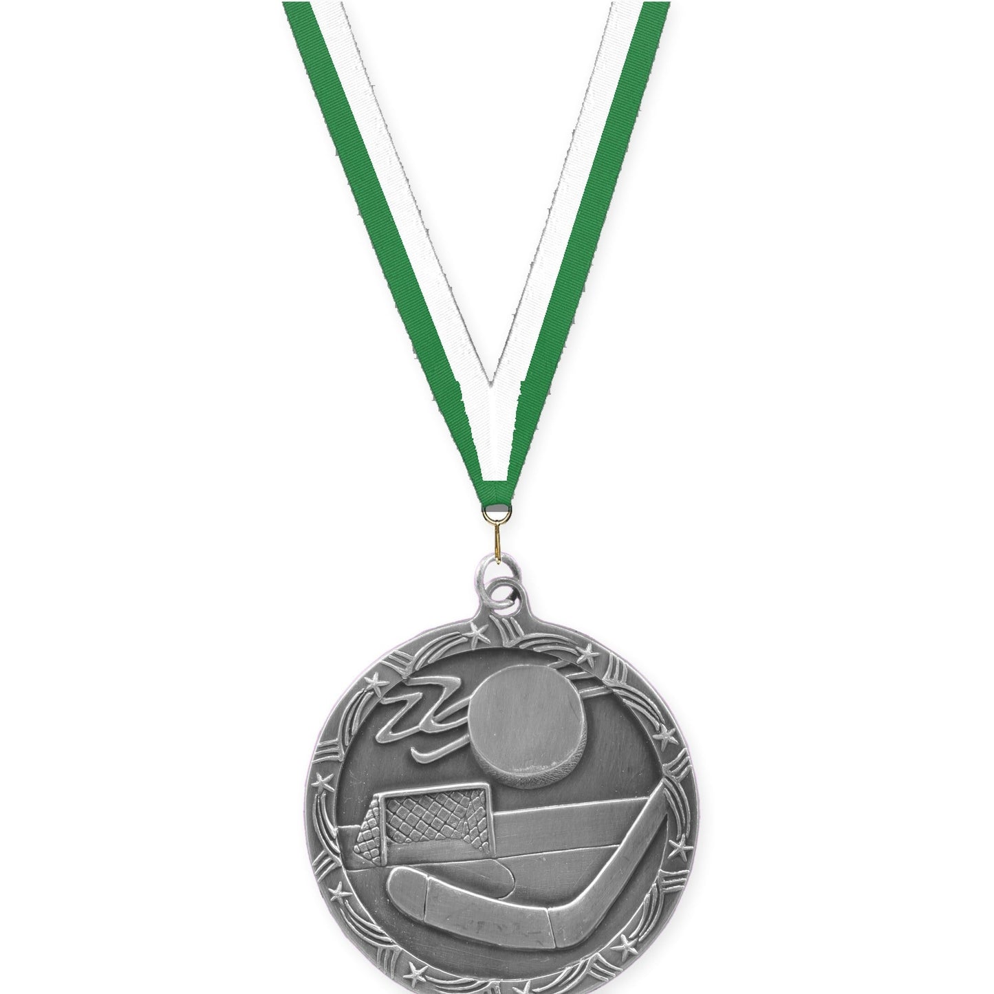 2 1/2 inch hockey Shooting Star medal in antique silver with Green White neck ribbon