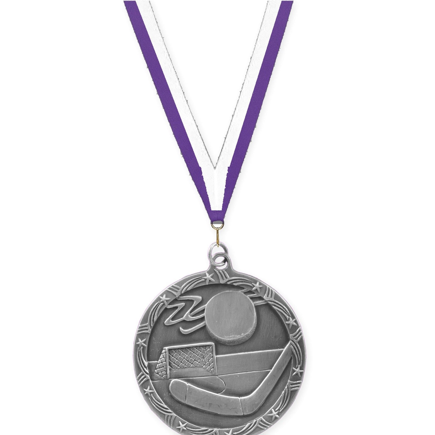2 1/2 inch hockey Shooting Star medal in antique silver with Purple White neck ribbon