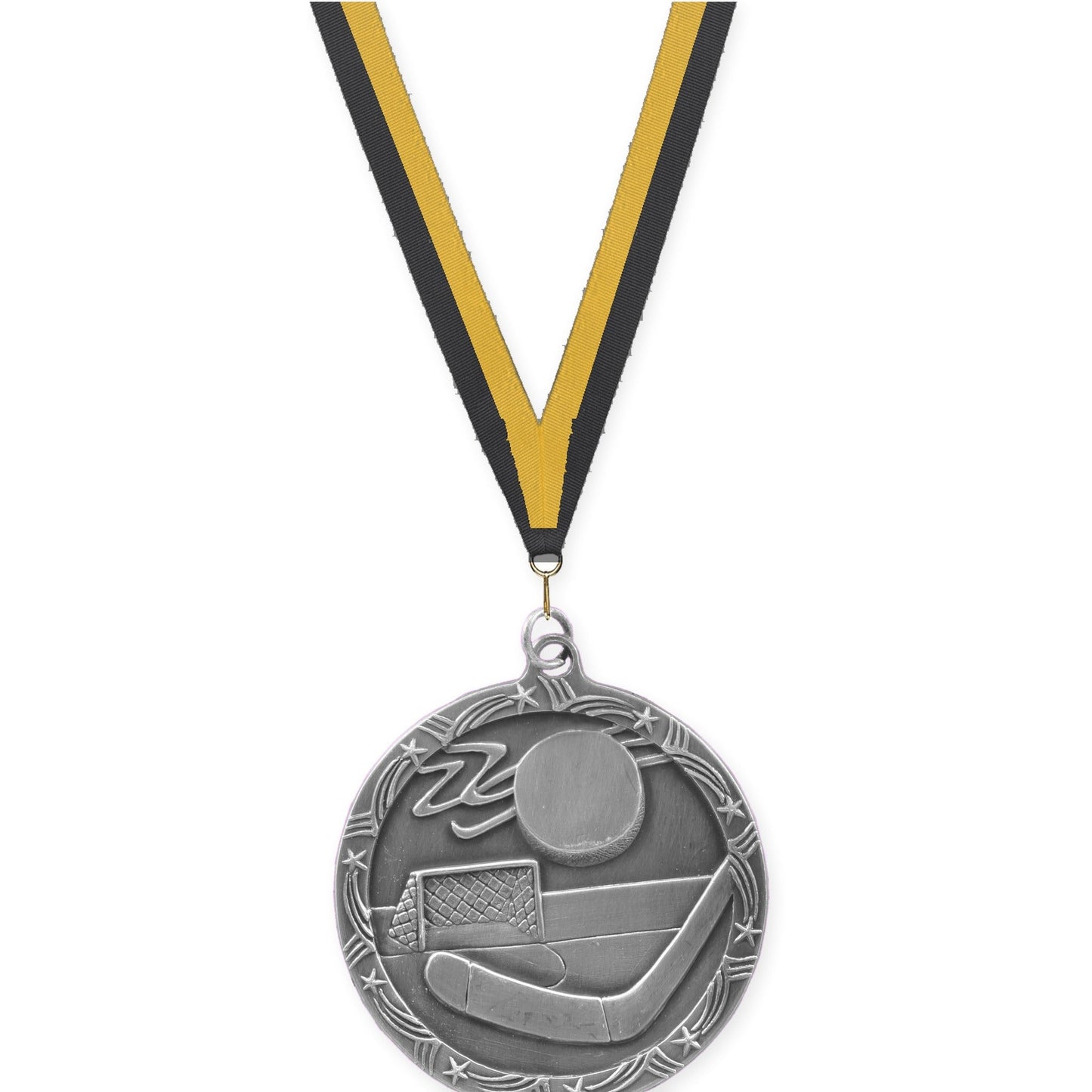 2 1/2 inch hockey Shooting Star medal in antique silver with Black Gold neck ribbon