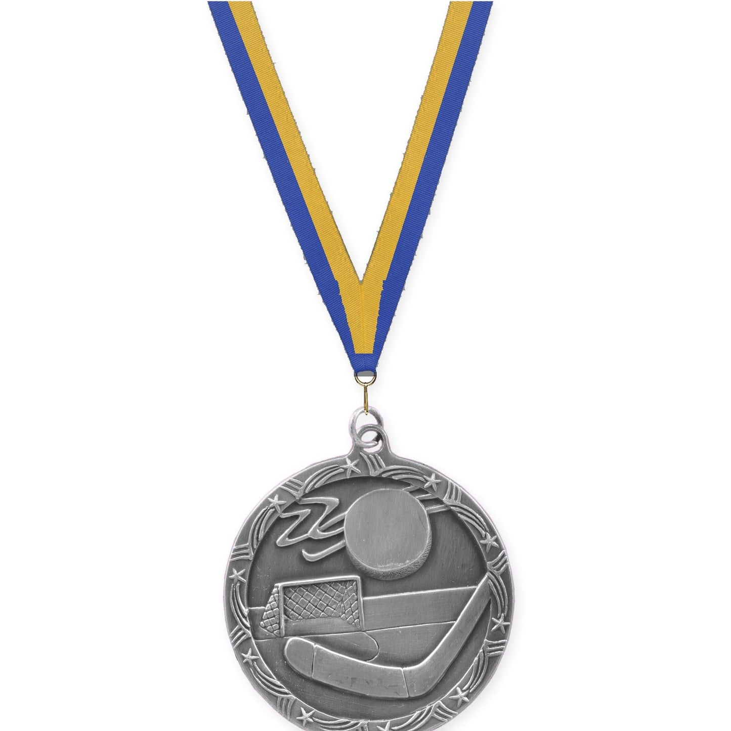 2 1/2 inch hockey Shooting Star medal in antique silver with Blue Gold neck ribbon