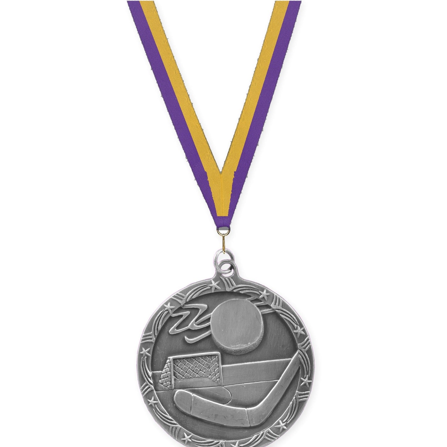 2 1/2 inch hockey Shooting Star medal in antique silver with Purple Gold neck ribbon