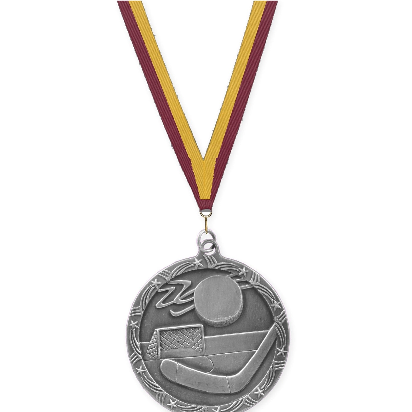 2 1/2 inch hockey Shooting Star medal in antique silver with Maroon Gold neck ribbon